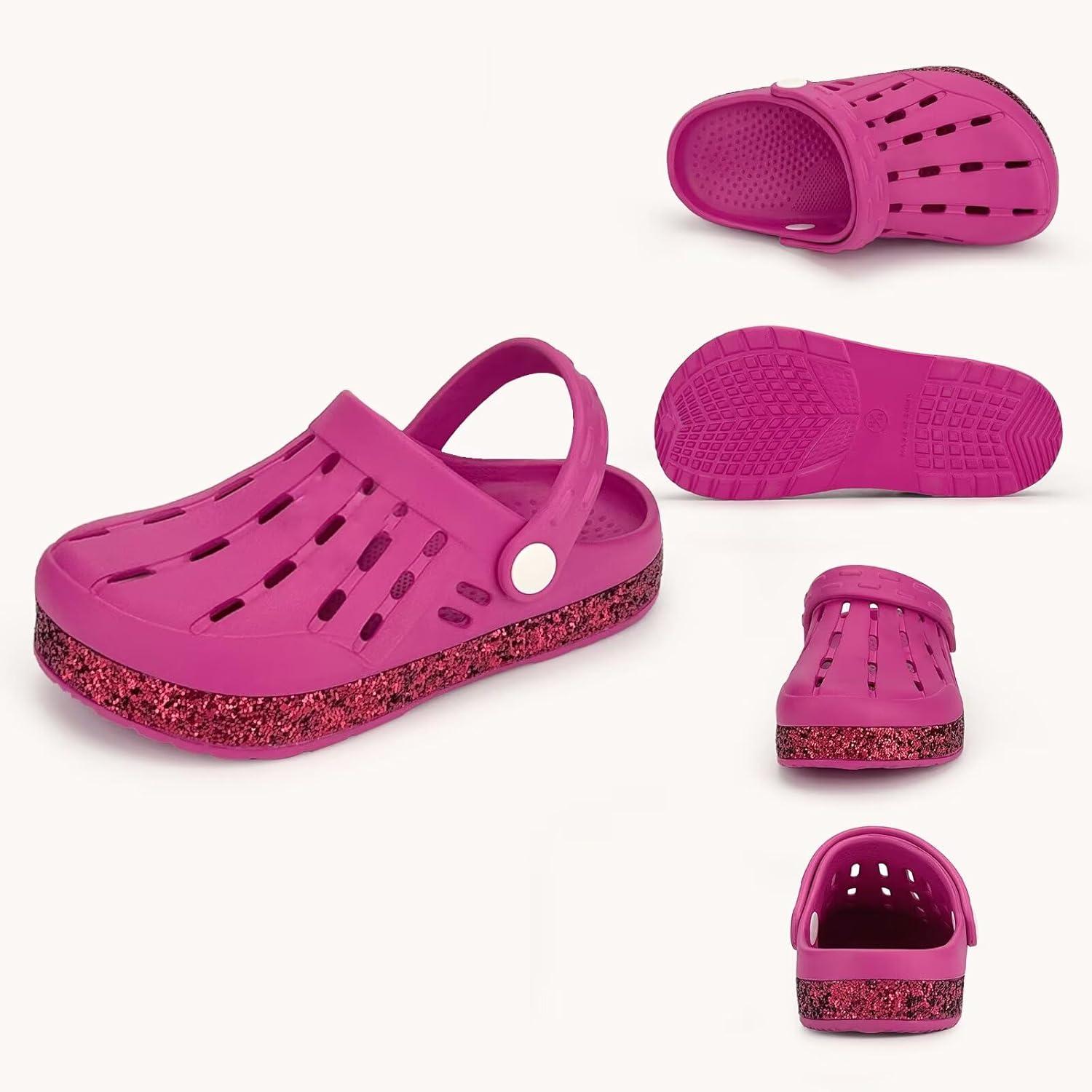 imageCubufly Kids Garden Shoes Boys Girls Glitter Stripe Band Clogs Toddler Slip On Water Sandals Children Beach Pool SlipperHot Pink