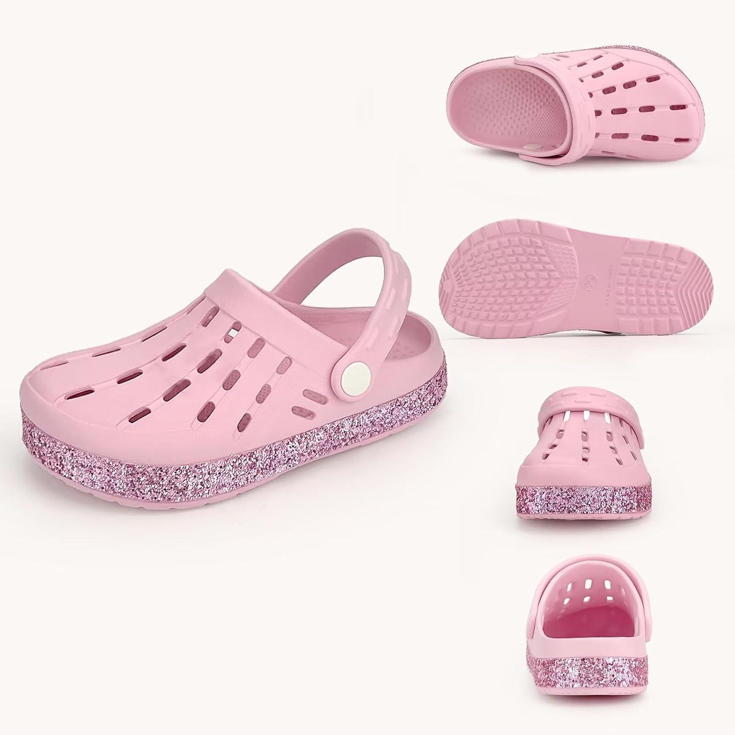 imageCubufly Kids Garden Shoes Boys Girls Glitter Stripe Band Clogs Toddler Slip On Water Sandals Children Beach Pool SlipperPink