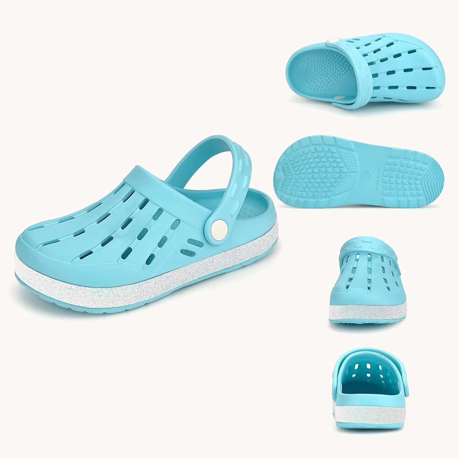 imageCubufly Kids Garden Shoes Boys Girls Glitter Stripe Band Clogs Toddler Slip On Water Sandals Children Beach Pool SlipperWater Blue