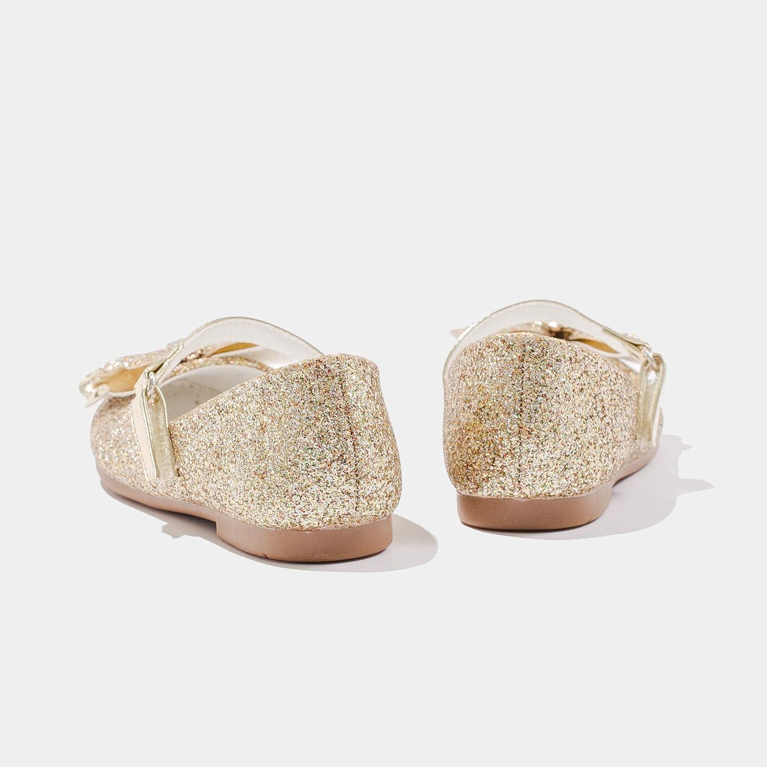 imageFurdeour Girls Dress Shoes Mary Jane Flower Wedding Party Bridesmaids Shoes Glitter Princess Ballet Flats for Kid ToddlerGold