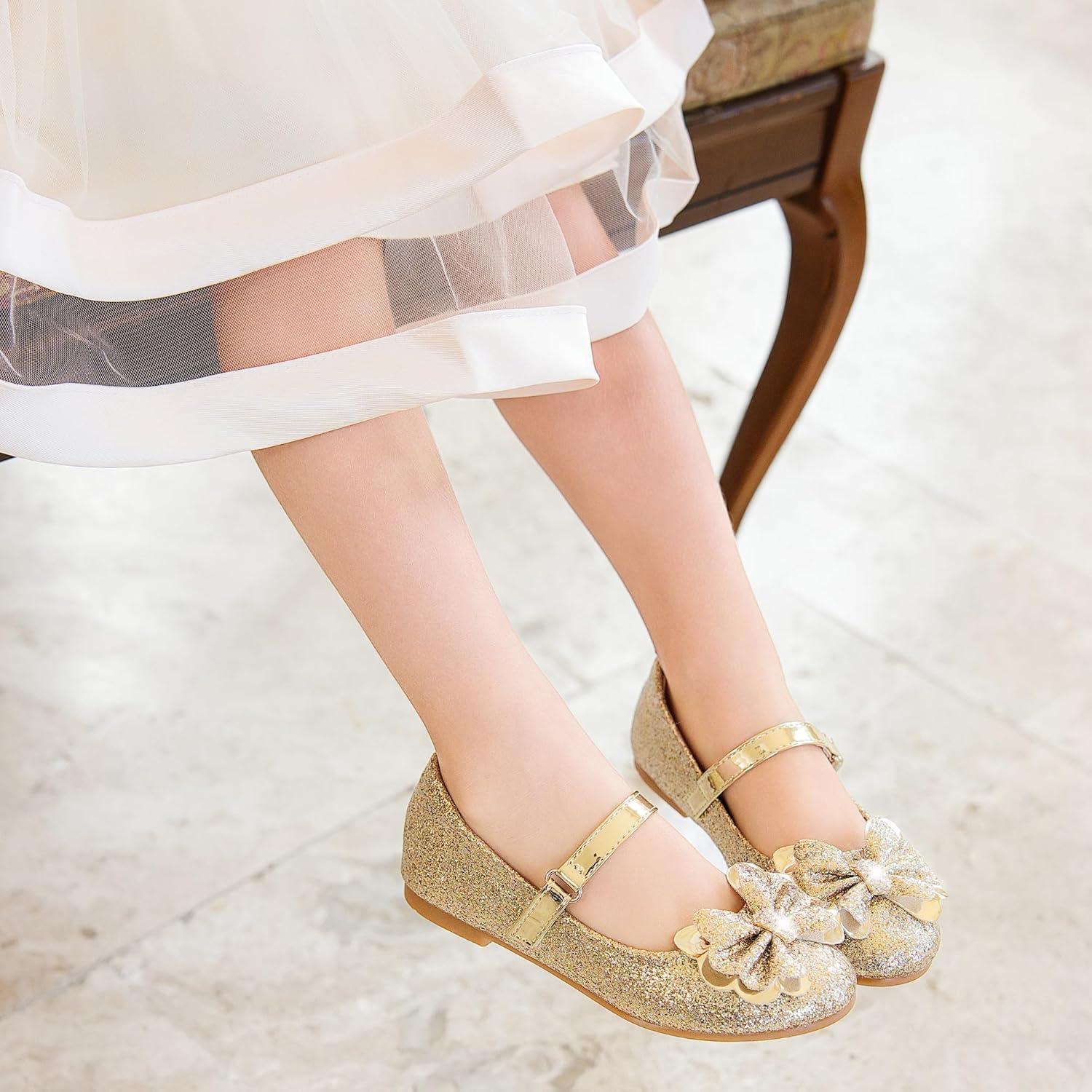 imageFurdeour Girls Dress Shoes Mary Jane Flower Wedding Party Bridesmaids Shoes Glitter Princess Ballet Flats for Kid ToddlerGold