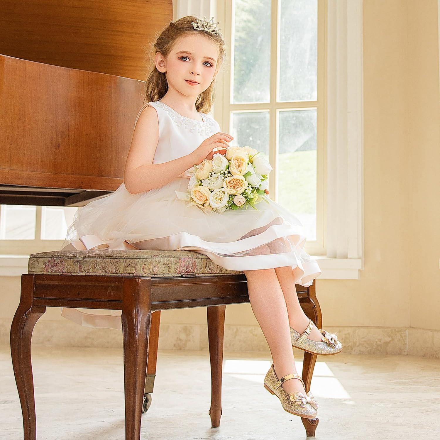 imageFurdeour Girls Dress Shoes Mary Jane Flower Wedding Party Bridesmaids Shoes Glitter Princess Ballet Flats for Kid ToddlerGold