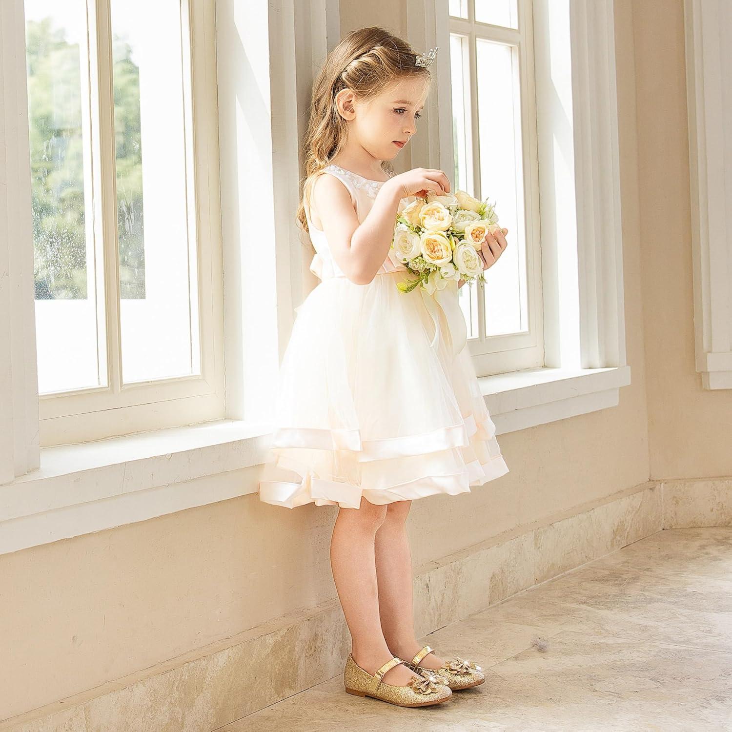 imageFurdeour Girls Dress Shoes Mary Jane Flower Wedding Party Bridesmaids Shoes Glitter Princess Ballet Flats for Kid ToddlerGold