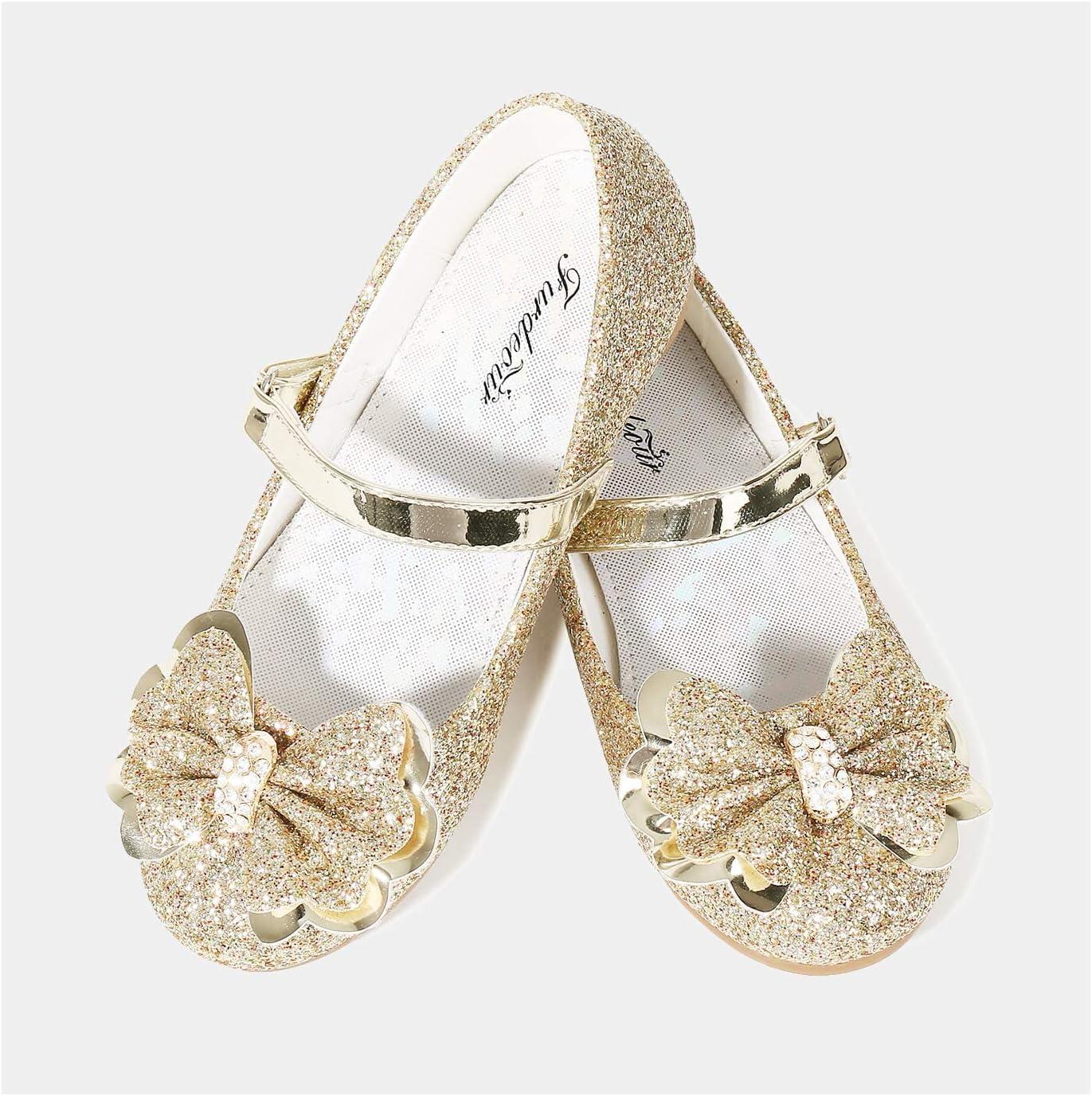 imageFurdeour Girls Dress Shoes Mary Jane Flower Wedding Party Bridesmaids Shoes Glitter Princess Ballet Flats for Kid ToddlerGold