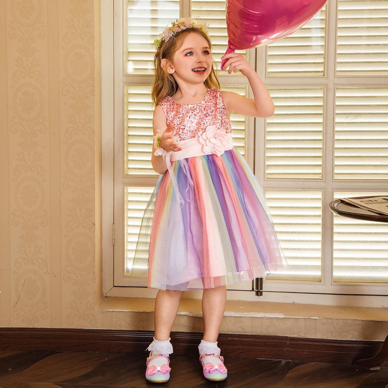 imageFurdeour Girls Dress Shoes Mary Jane Flower Wedding Party Bridesmaids Shoes Glitter Princess Ballet Flats for Kid ToddlerRainbow