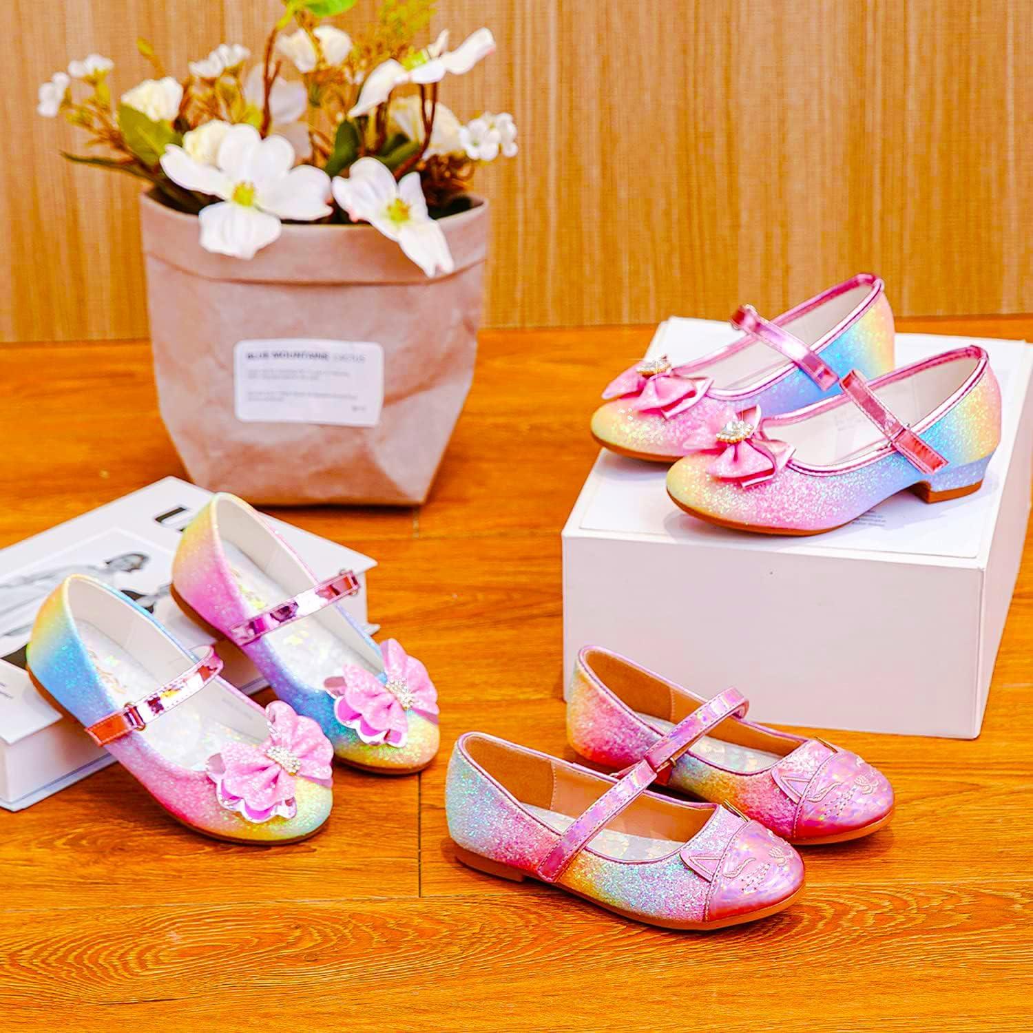imageFurdeour Girls Dress Shoes Mary Jane Flower Wedding Party Bridesmaids Shoes Glitter Princess Ballet Flats for Kid ToddlerRainbow