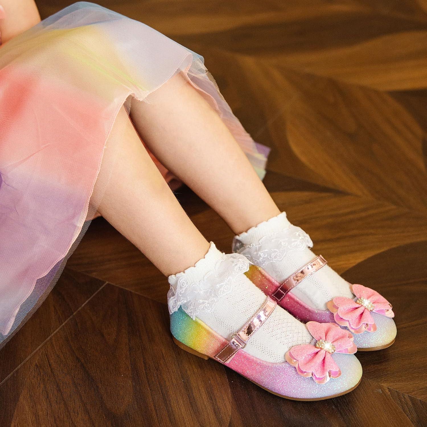 imageFurdeour Girls Dress Shoes Mary Jane Flower Wedding Party Bridesmaids Shoes Glitter Princess Ballet Flats for Kid ToddlerRainbow