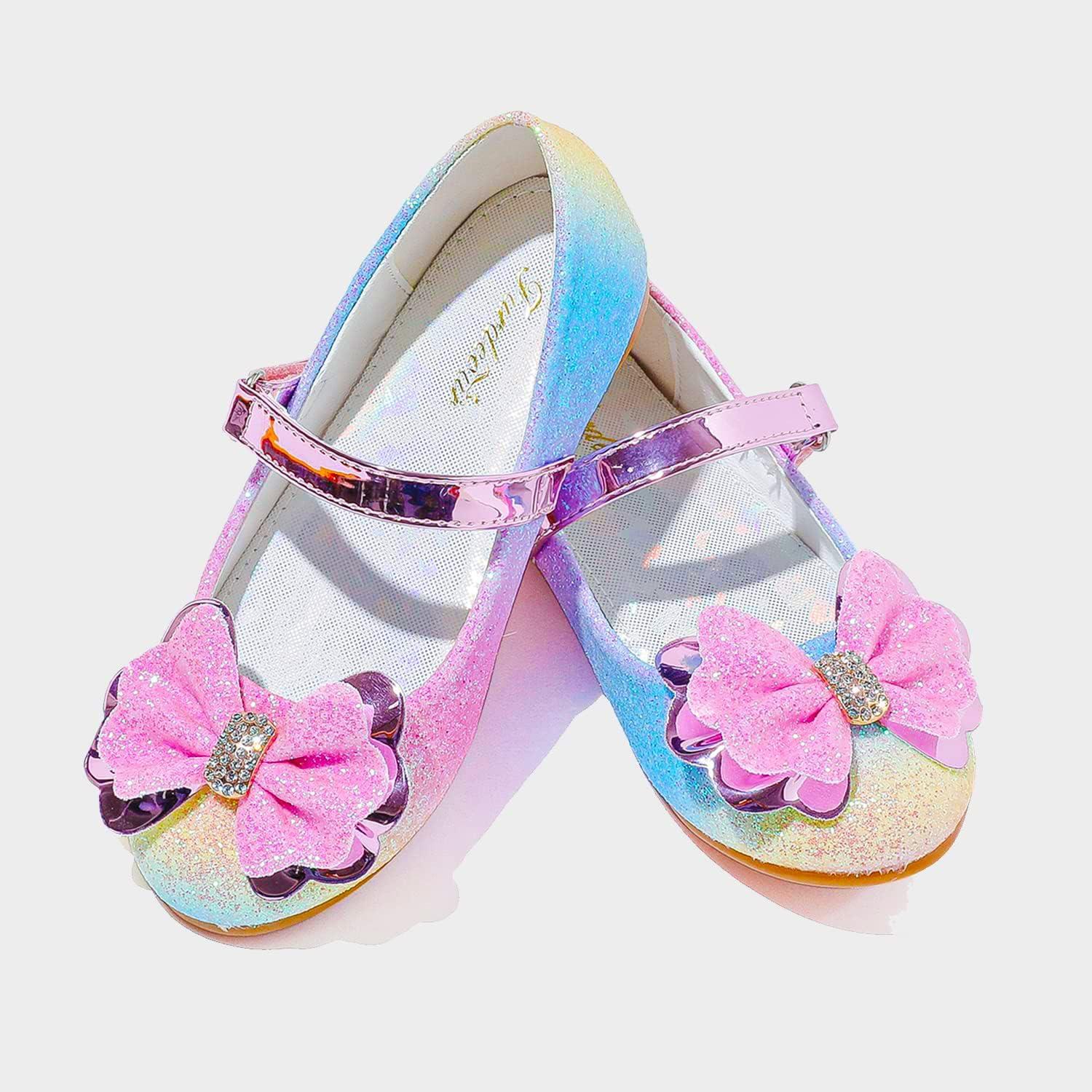 imageFurdeour Girls Dress Shoes Mary Jane Flower Wedding Party Bridesmaids Shoes Glitter Princess Ballet Flats for Kid ToddlerRainbow