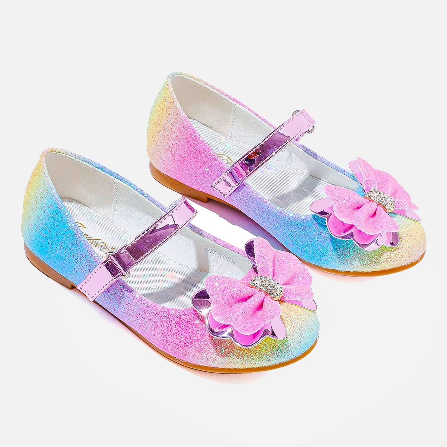 imageFurdeour Girls Dress Shoes Mary Jane Flower Wedding Party Bridesmaids Shoes Glitter Princess Ballet Flats for Kid ToddlerRainbow