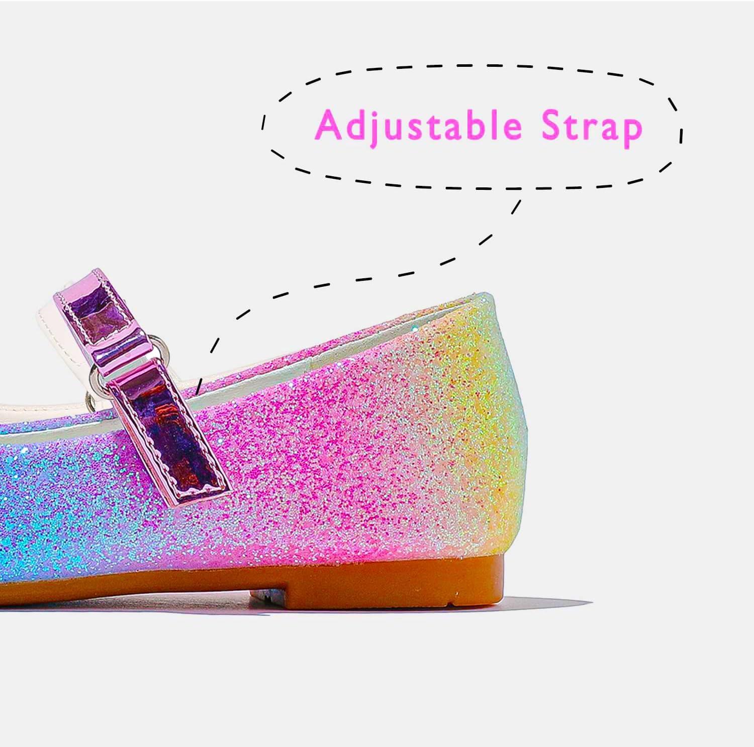 imageFurdeour Girls Dress Shoes Mary Jane Flower Wedding Party Bridesmaids Shoes Glitter Princess Ballet Flats for Kid ToddlerRainbow