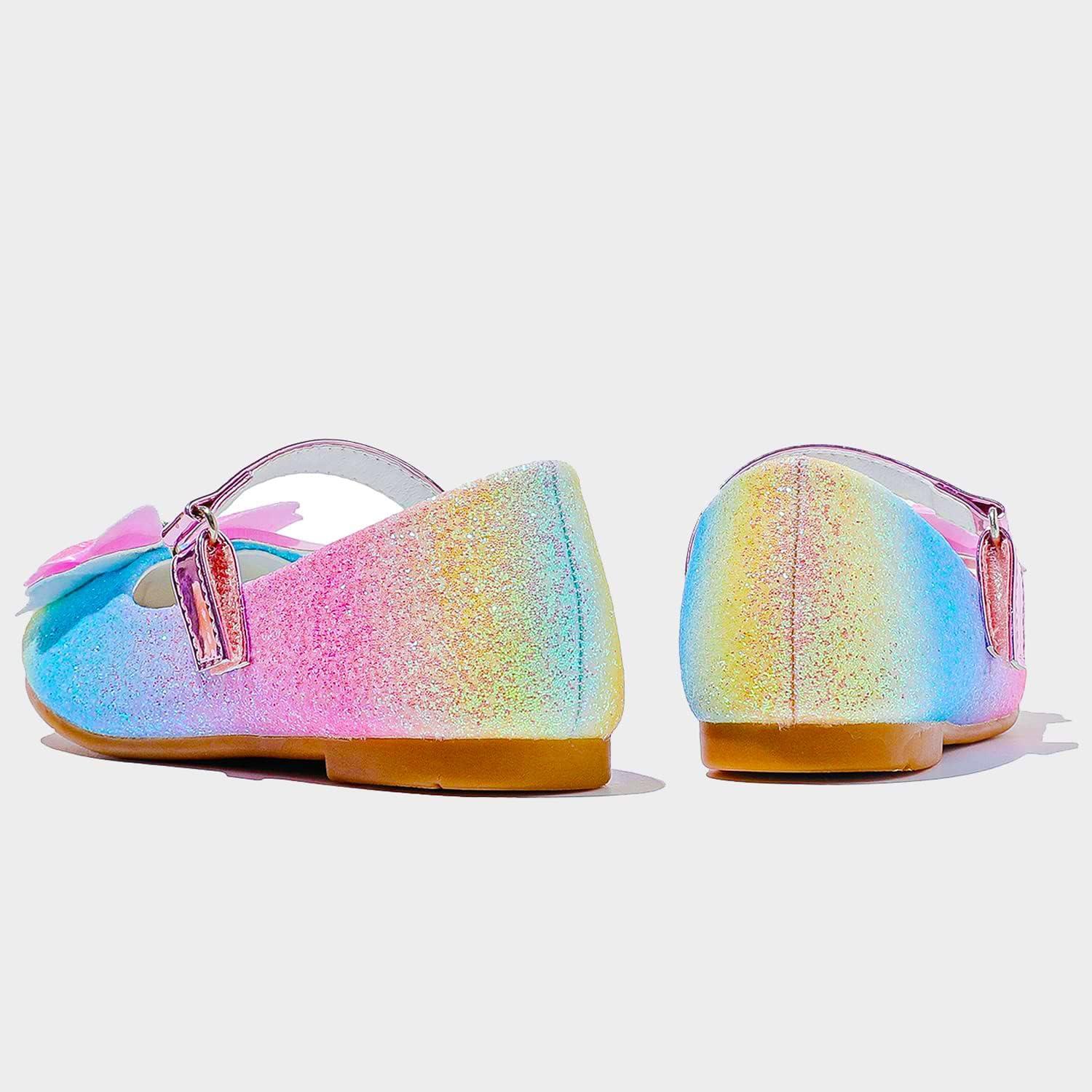 imageFurdeour Girls Dress Shoes Mary Jane Flower Wedding Party Bridesmaids Shoes Glitter Princess Ballet Flats for Kid ToddlerRainbow