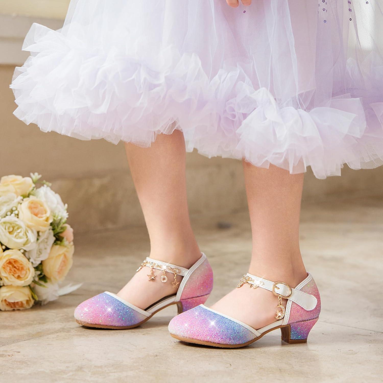 imageFurdeour Girls Dress Shoes Princess Crystal High Heels Closed Toe Party Wedding Flower Girls Shoes Toddler Little Big KidPurplestarry