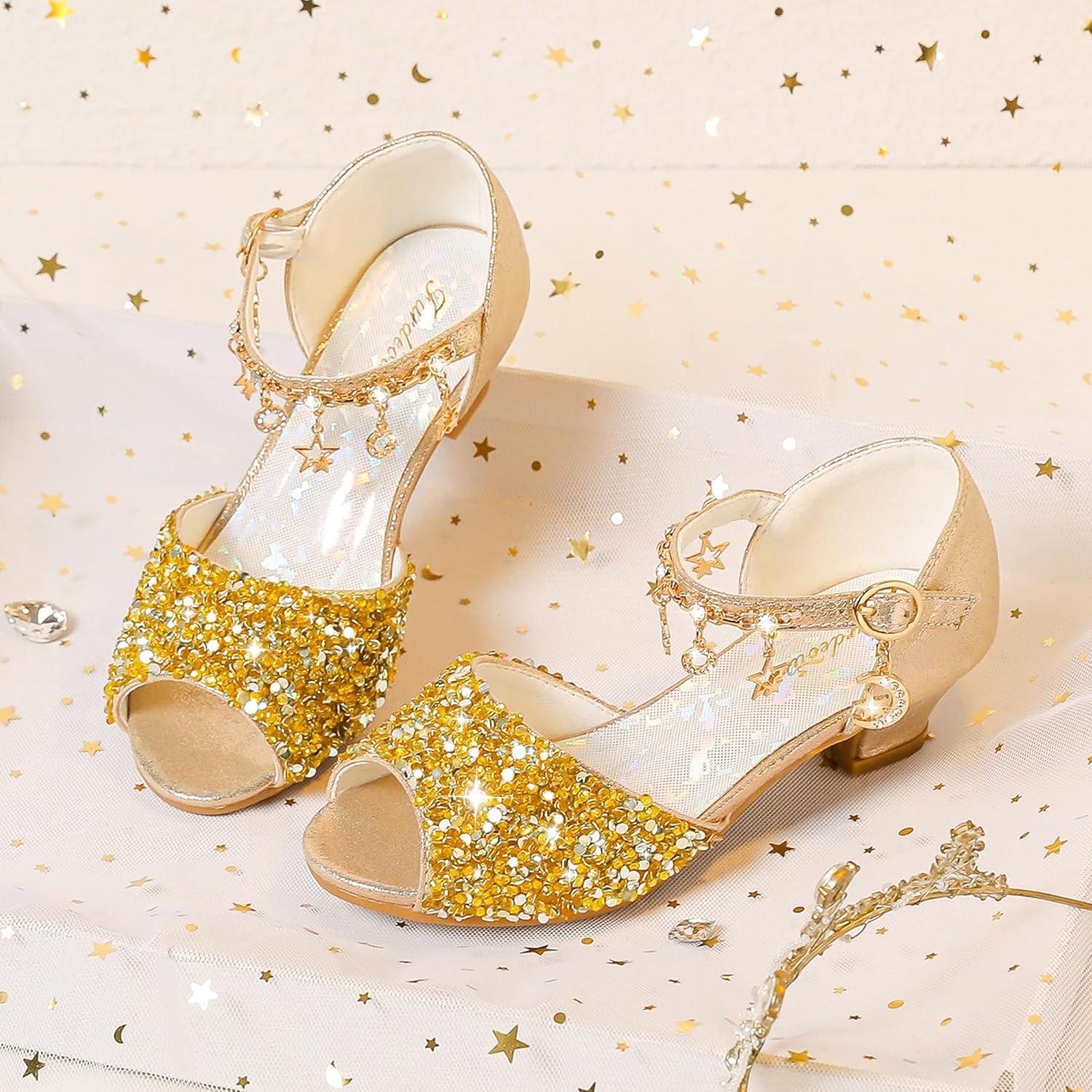 imageFurdeour Sparkly Girls Dress Shoes Princess Shoes High Heels Peep Toe Low Heel Glitter Toddler Big Kid Wedding PartyGoldsequins