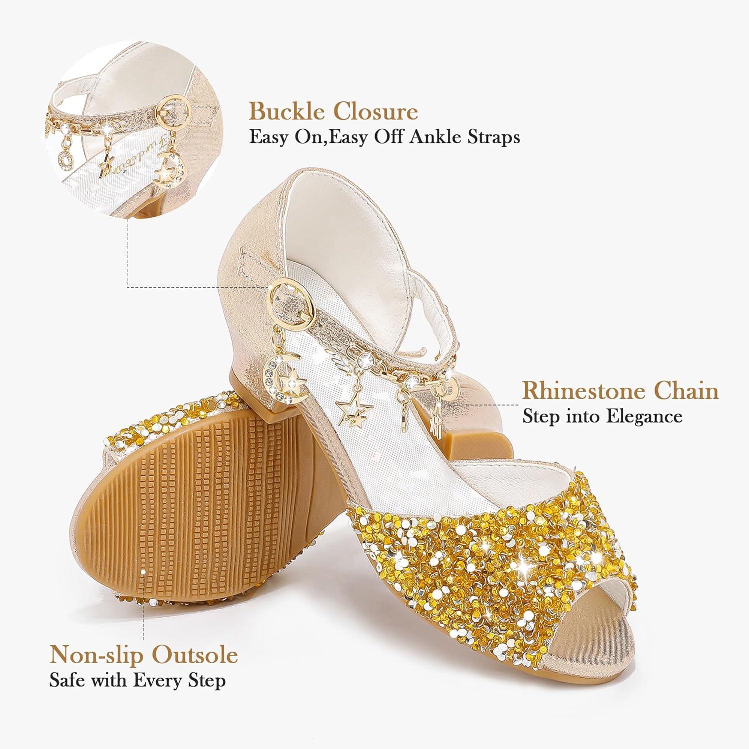 imageFurdeour Sparkly Girls Dress Shoes Princess Shoes High Heels Peep Toe Low Heel Glitter Toddler Big Kid Wedding PartyGoldsequins