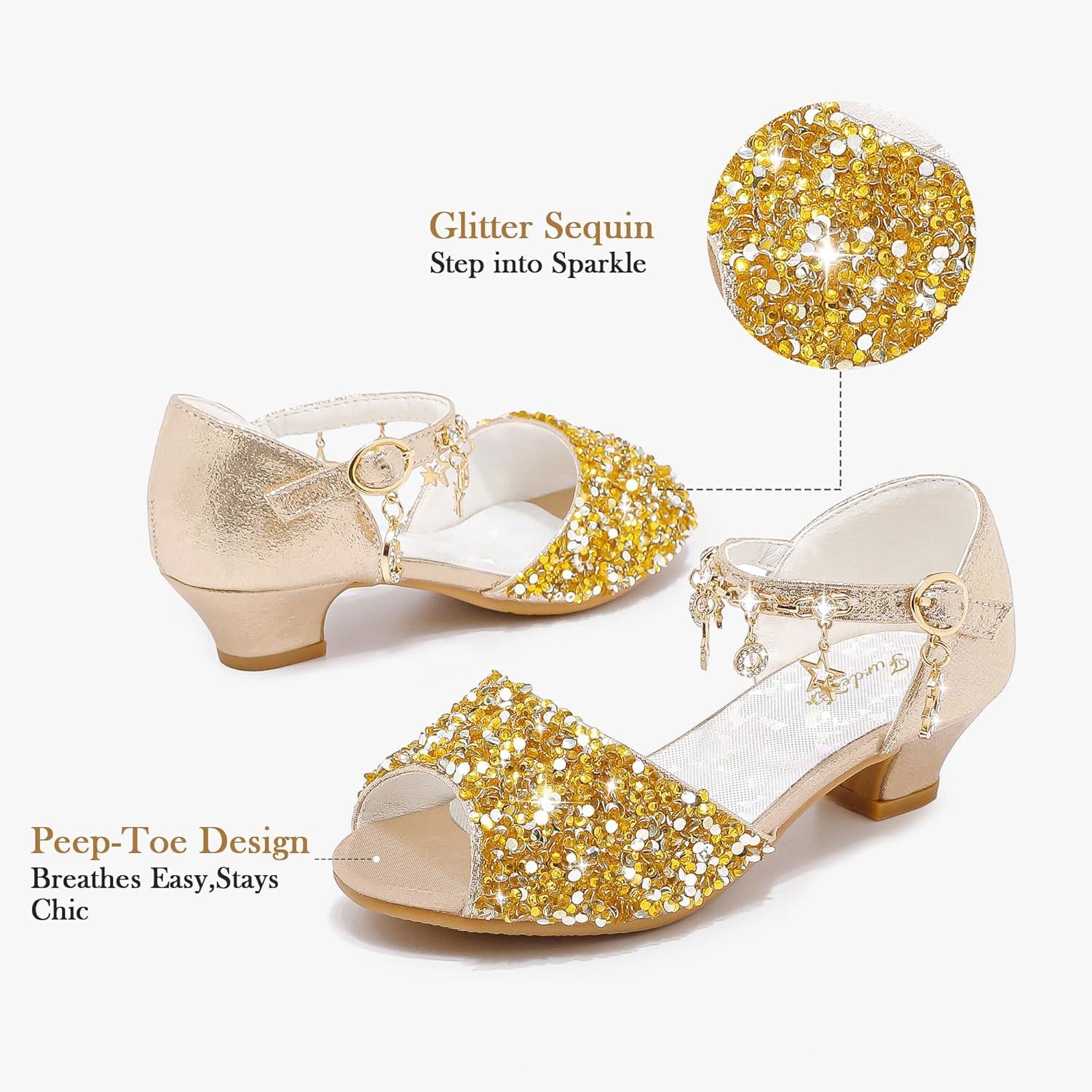 imageFurdeour Sparkly Girls Dress Shoes Princess Shoes High Heels Peep Toe Low Heel Glitter Toddler Big Kid Wedding PartyGoldsequins