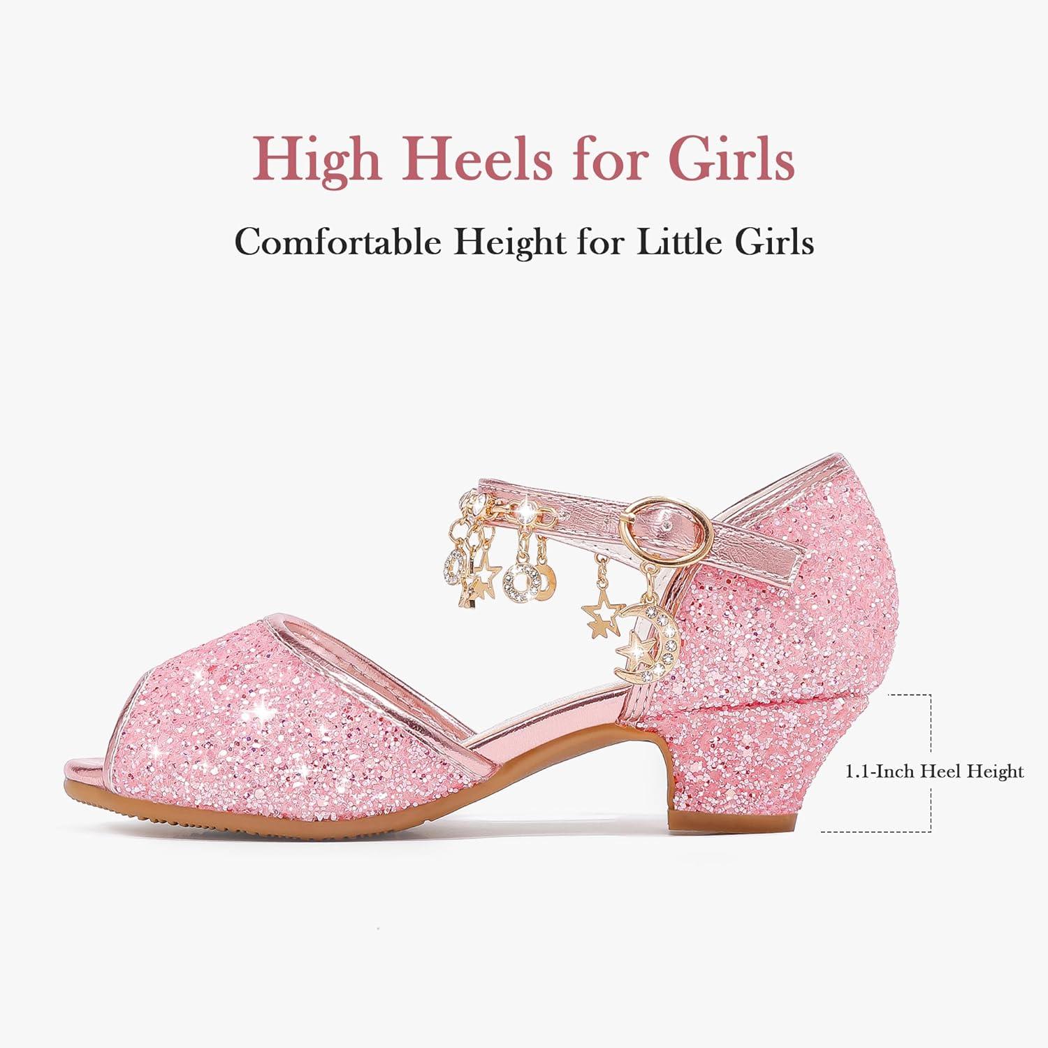 imageFurdeour Sparkly Girls Dress Shoes Princess Shoes High Heels Peep Toe Low Heel Glitter Toddler Big Kid Wedding PartyPink Brilliant