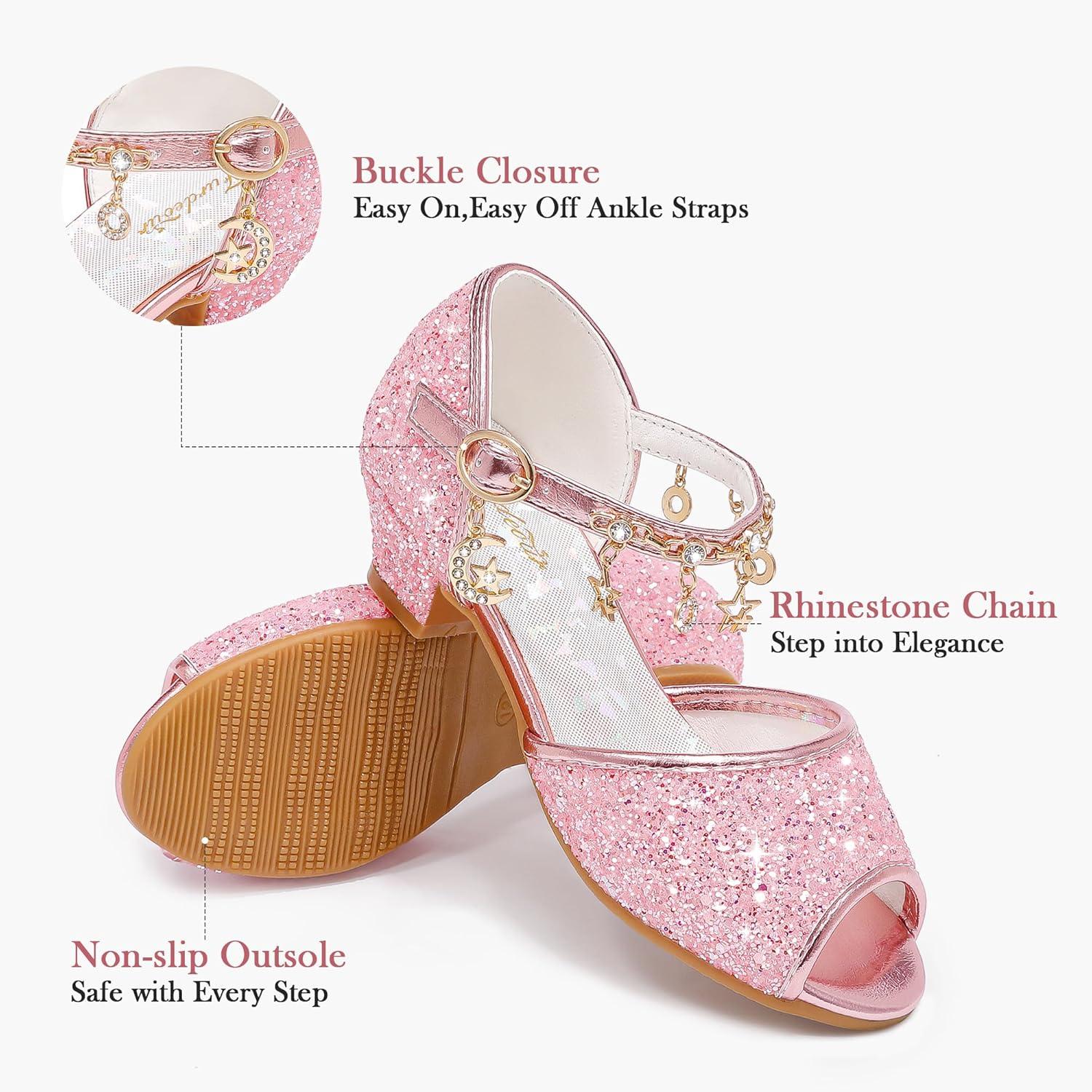imageFurdeour Sparkly Girls Dress Shoes Princess Shoes High Heels Peep Toe Low Heel Glitter Toddler Big Kid Wedding PartyPink Brilliant