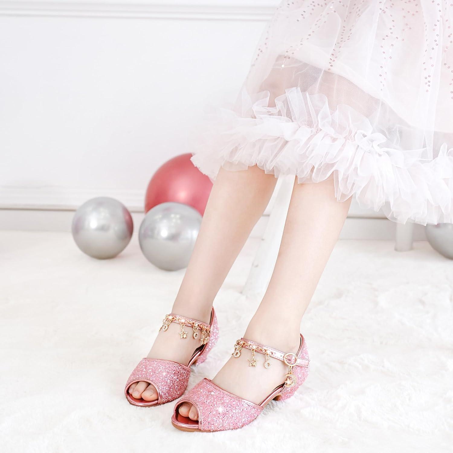 imageFurdeour Sparkly Girls Dress Shoes Princess Shoes High Heels Peep Toe Low Heel Glitter Toddler Big Kid Wedding PartyPink Brilliant