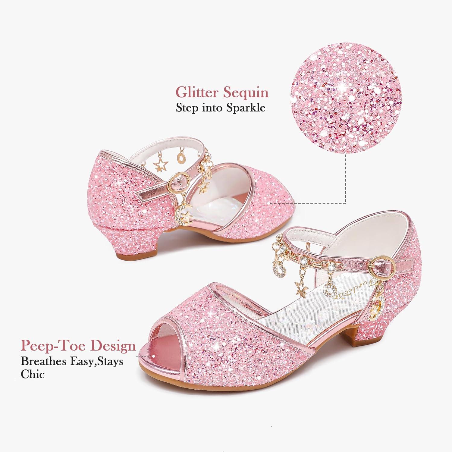 imageFurdeour Sparkly Girls Dress Shoes Princess Shoes High Heels Peep Toe Low Heel Glitter Toddler Big Kid Wedding PartyPink Brilliant