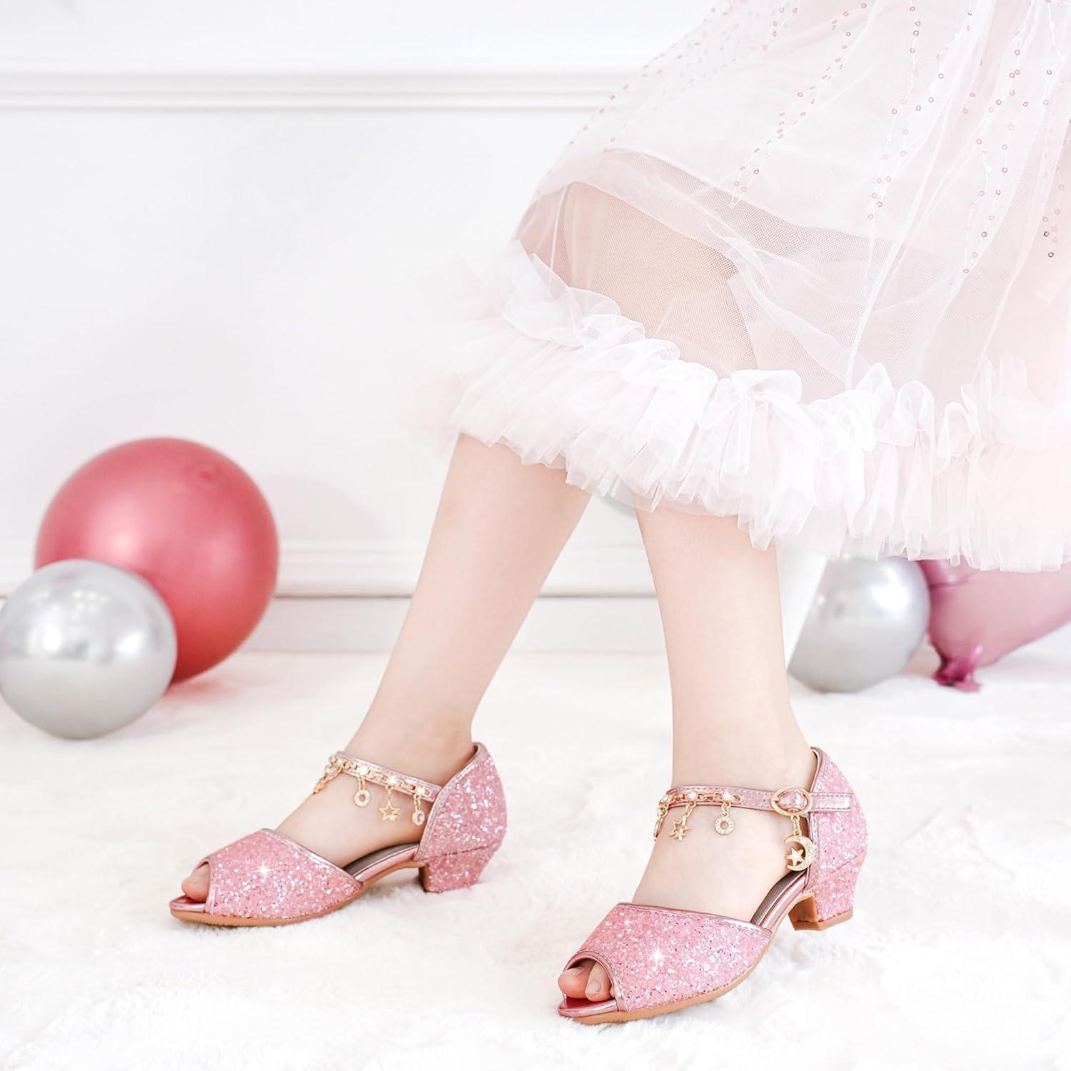 imageFurdeour Sparkly Girls Dress Shoes Princess Shoes High Heels Peep Toe Low Heel Glitter Toddler Big Kid Wedding PartyPink Brilliant