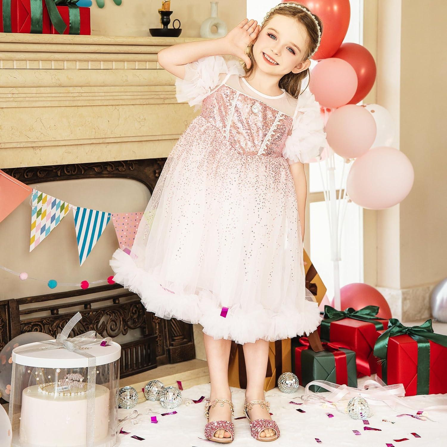 imageFurdeour Sparkly Girls Dress Shoes Princess Shoes High Heels Peep Toe Low Heel Glitter Toddler Big Kid Wedding PartyPinksequins