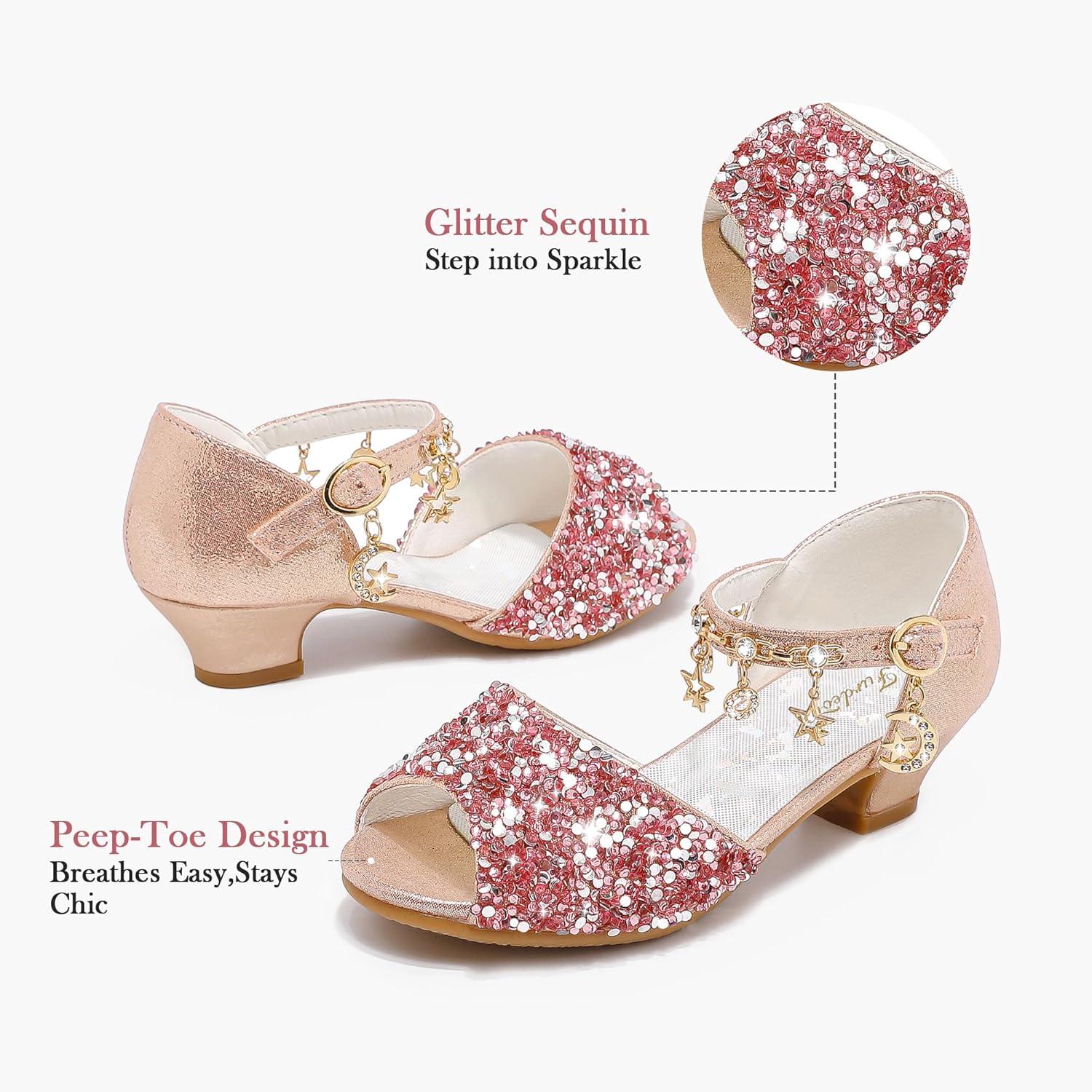 imageFurdeour Sparkly Girls Dress Shoes Princess Shoes High Heels Peep Toe Low Heel Glitter Toddler Big Kid Wedding PartyPinksequins