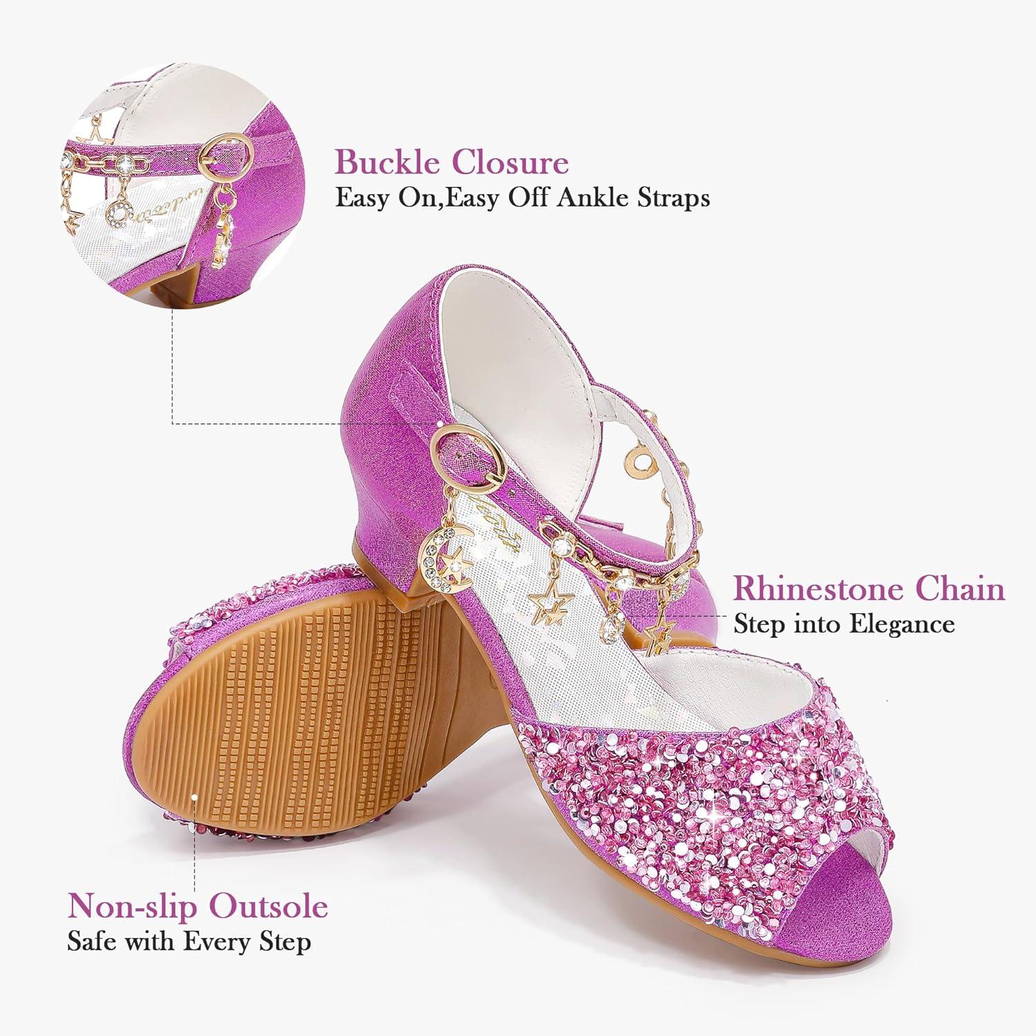 imageFurdeour Sparkly Girls Dress Shoes Princess Shoes High Heels Peep Toe Low Heel Glitter Toddler Big Kid Wedding PartyPurple Sequins