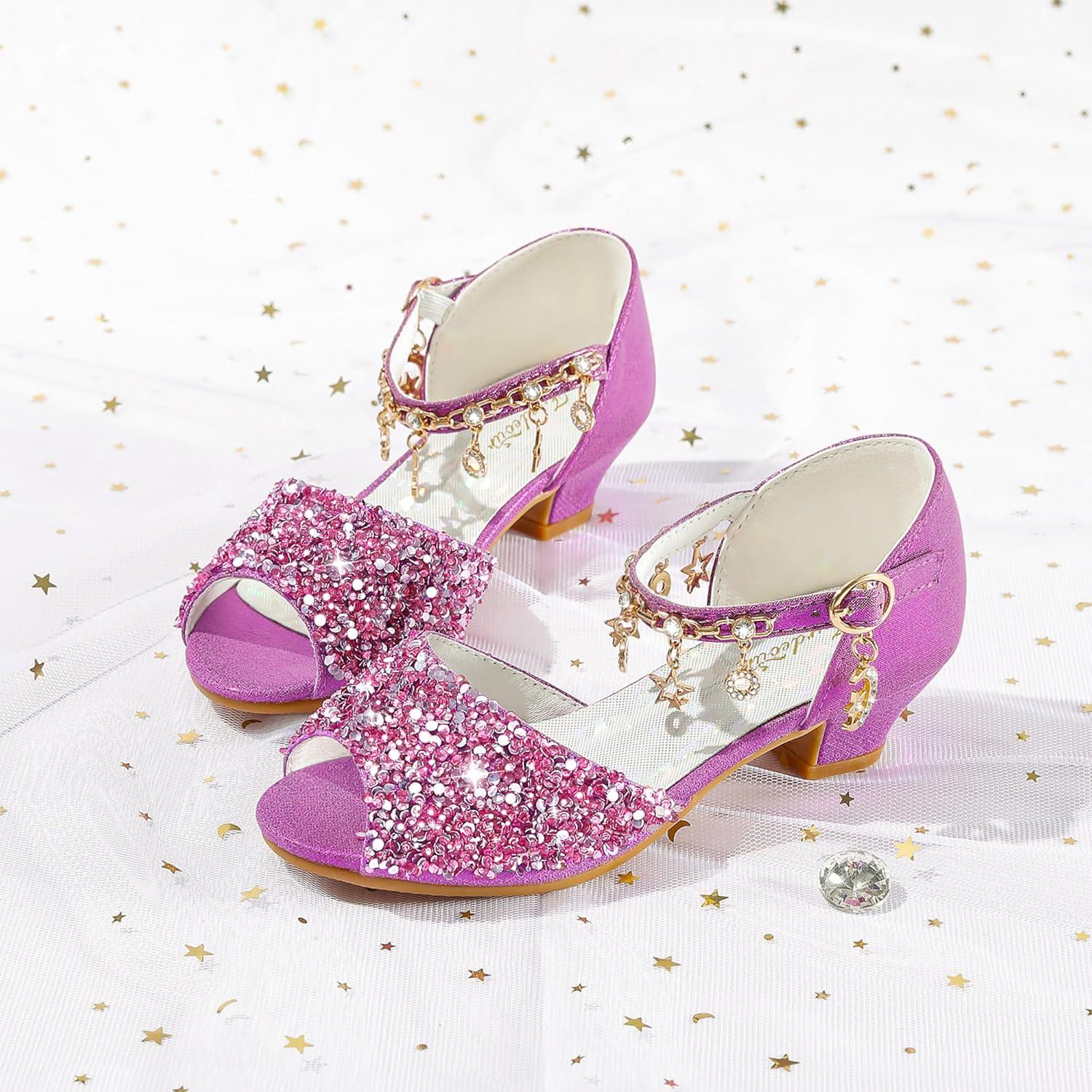 imageFurdeour Sparkly Girls Dress Shoes Princess Shoes High Heels Peep Toe Low Heel Glitter Toddler Big Kid Wedding PartyPurple Sequins