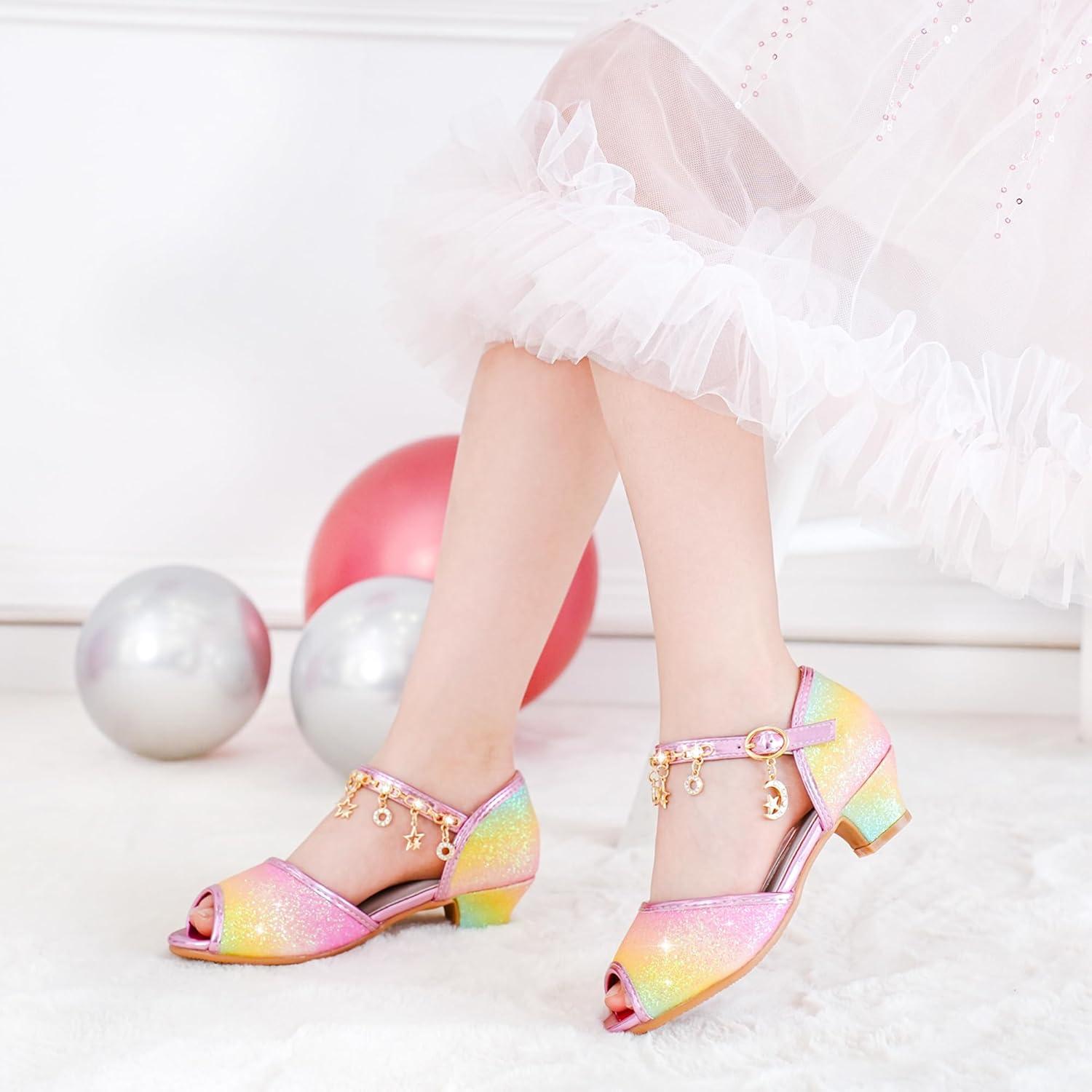 imageFurdeour Sparkly Girls Dress Shoes Princess Shoes High Heels Peep Toe Low Heel Glitter Toddler Big Kid Wedding PartyRainbow