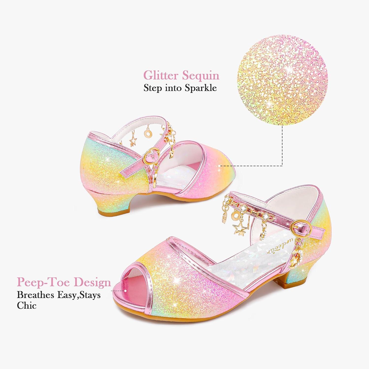 imageFurdeour Sparkly Girls Dress Shoes Princess Shoes High Heels Peep Toe Low Heel Glitter Toddler Big Kid Wedding PartyRainbow