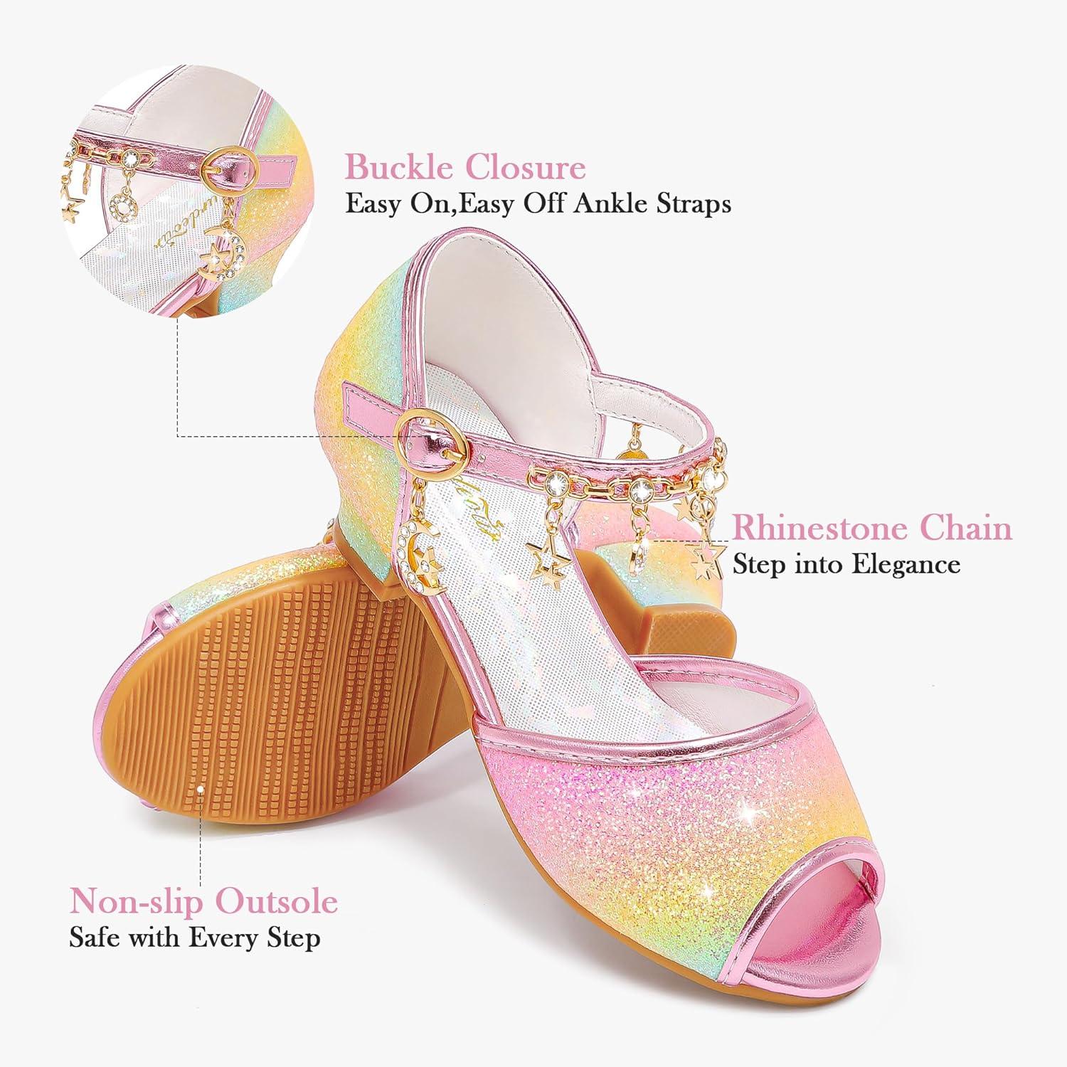 imageFurdeour Sparkly Girls Dress Shoes Princess Shoes High Heels Peep Toe Low Heel Glitter Toddler Big Kid Wedding PartyRainbow