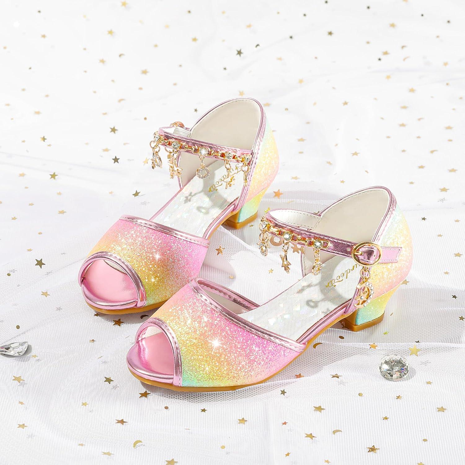 imageFurdeour Sparkly Girls Dress Shoes Princess Shoes High Heels Peep Toe Low Heel Glitter Toddler Big Kid Wedding PartyRainbow