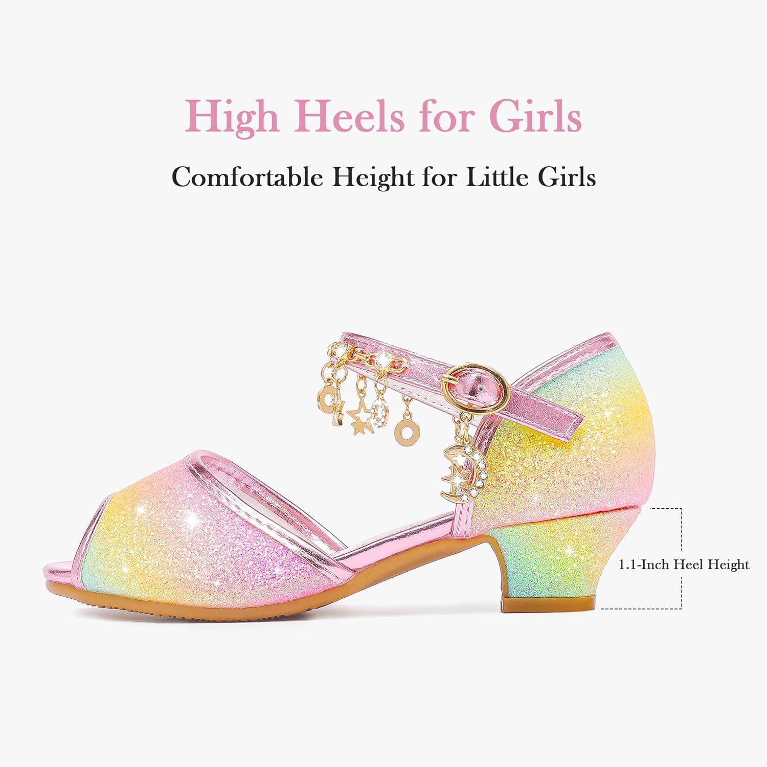 imageFurdeour Sparkly Girls Dress Shoes Princess Shoes High Heels Peep Toe Low Heel Glitter Toddler Big Kid Wedding PartyRainbow