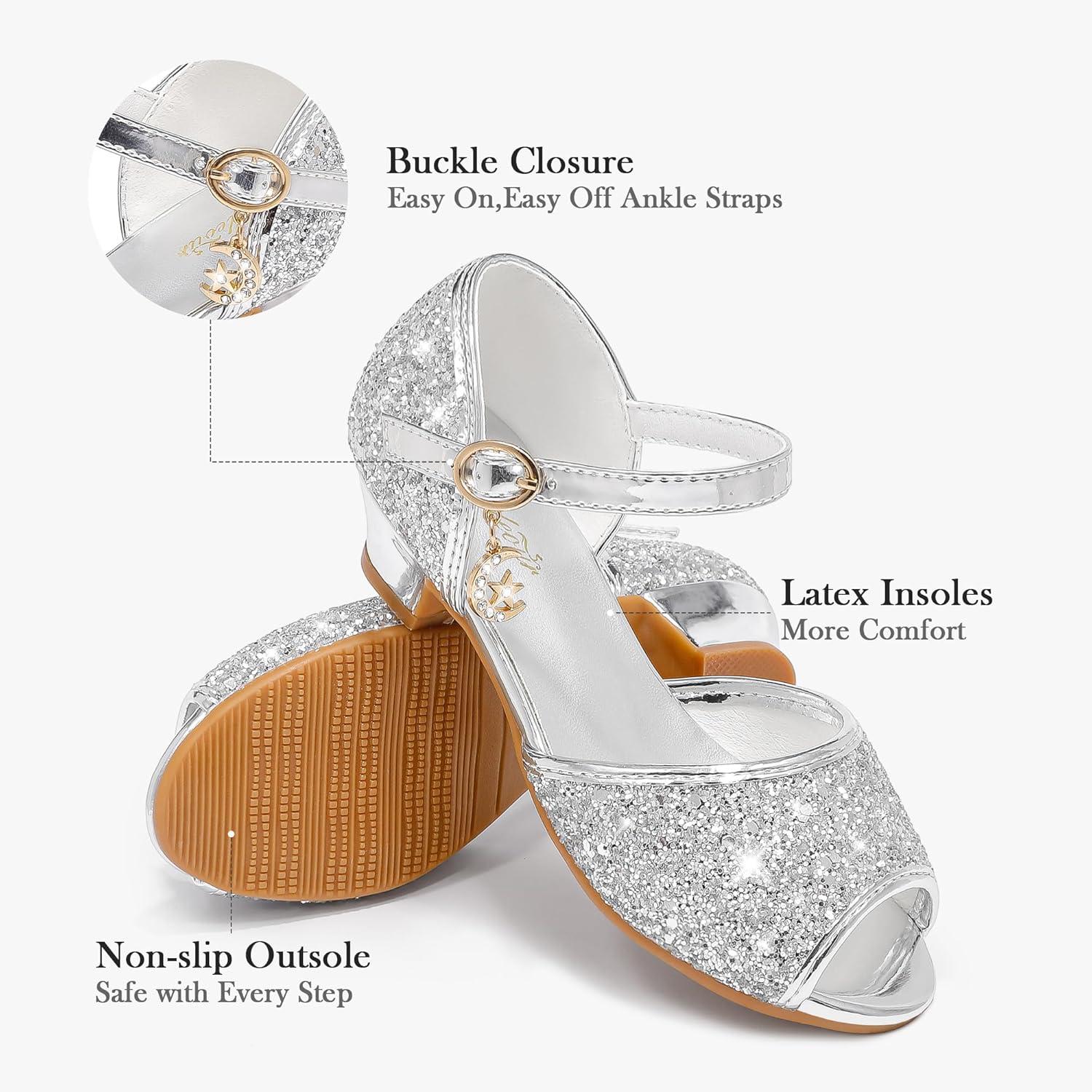 imageFurdeour Sparkly Girls Dress Shoes Princess Shoes High Heels Peep Toe Low Heel Glitter Toddler Big Kid Wedding PartyShiny Silver