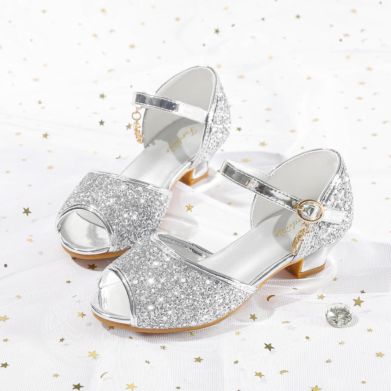 imageFurdeour Sparkly Girls Dress Shoes Princess Shoes High Heels Peep Toe Low Heel Glitter Toddler Big Kid Wedding PartyShiny Silver