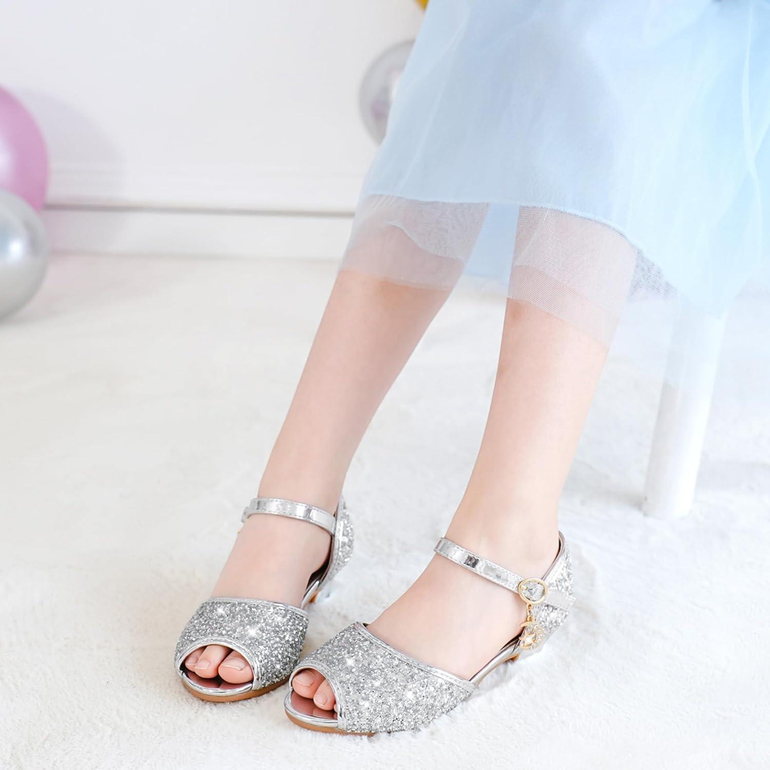 imageFurdeour Sparkly Girls Dress Shoes Princess Shoes High Heels Peep Toe Low Heel Glitter Toddler Big Kid Wedding PartyShiny Silver