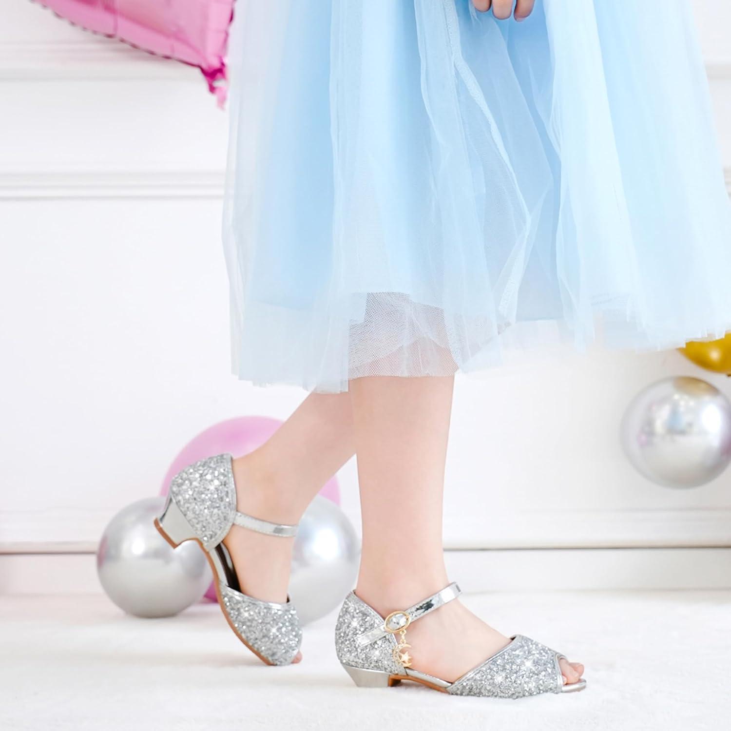imageFurdeour Sparkly Girls Dress Shoes Princess Shoes High Heels Peep Toe Low Heel Glitter Toddler Big Kid Wedding PartyShiny Silver