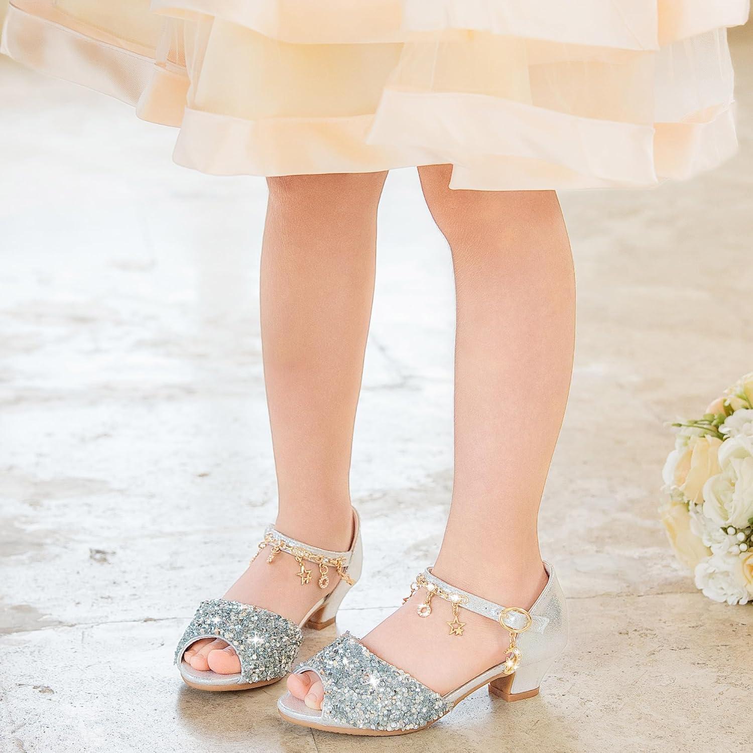 imageFurdeour Sparkly Girls Dress Shoes Princess Shoes High Heels Peep Toe Low Heel Glitter Toddler Big Kid Wedding PartySilversequins