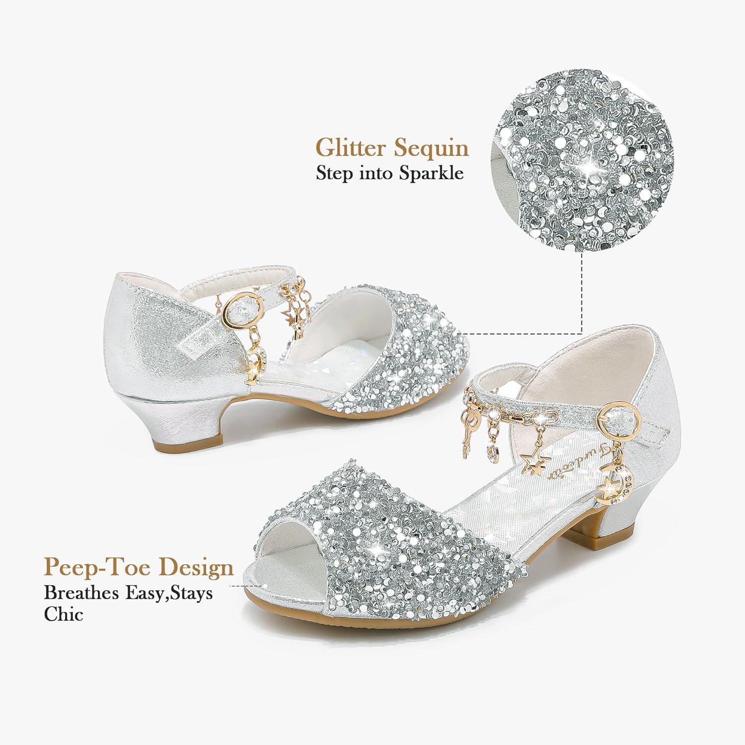 imageFurdeour Sparkly Girls Dress Shoes Princess Shoes High Heels Peep Toe Low Heel Glitter Toddler Big Kid Wedding PartySilversequins