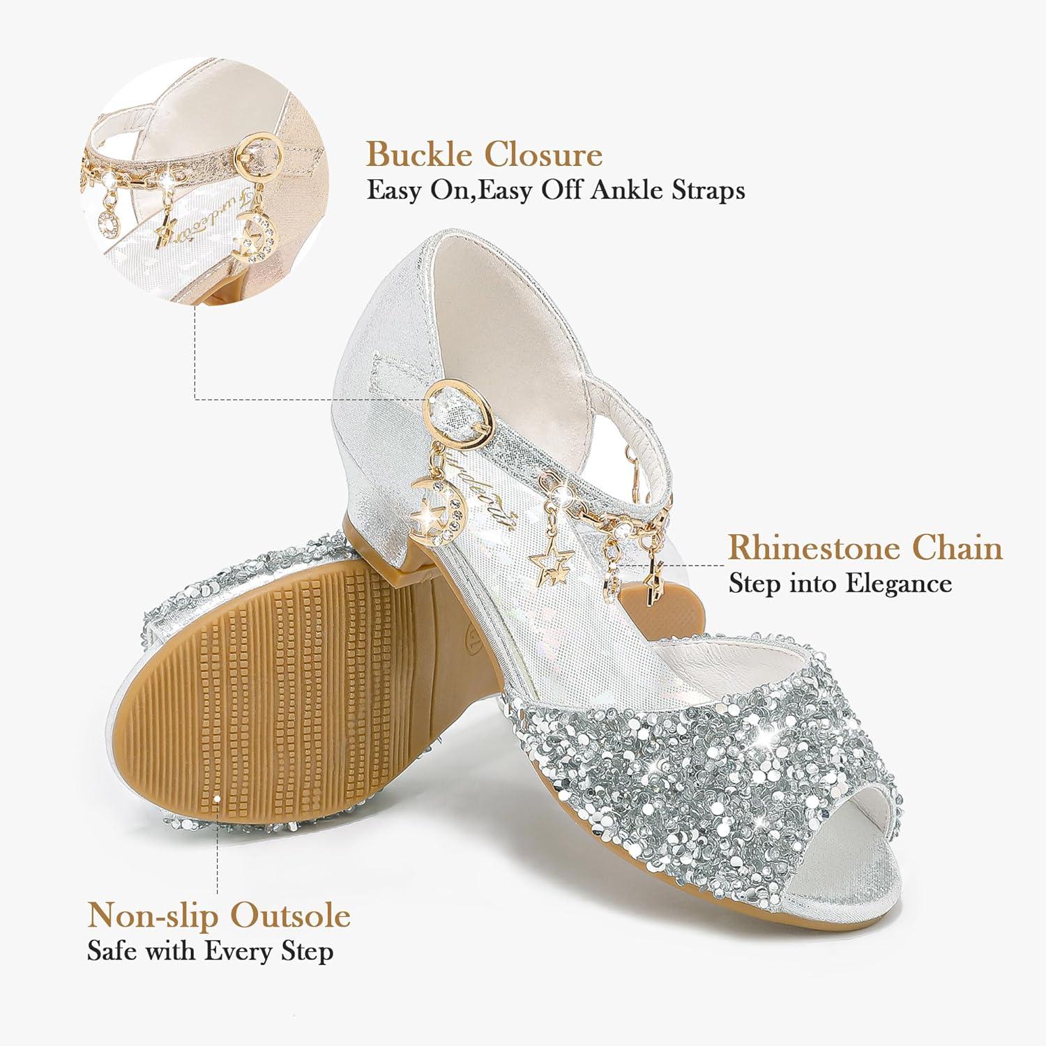 imageFurdeour Sparkly Girls Dress Shoes Princess Shoes High Heels Peep Toe Low Heel Glitter Toddler Big Kid Wedding PartySilversequins