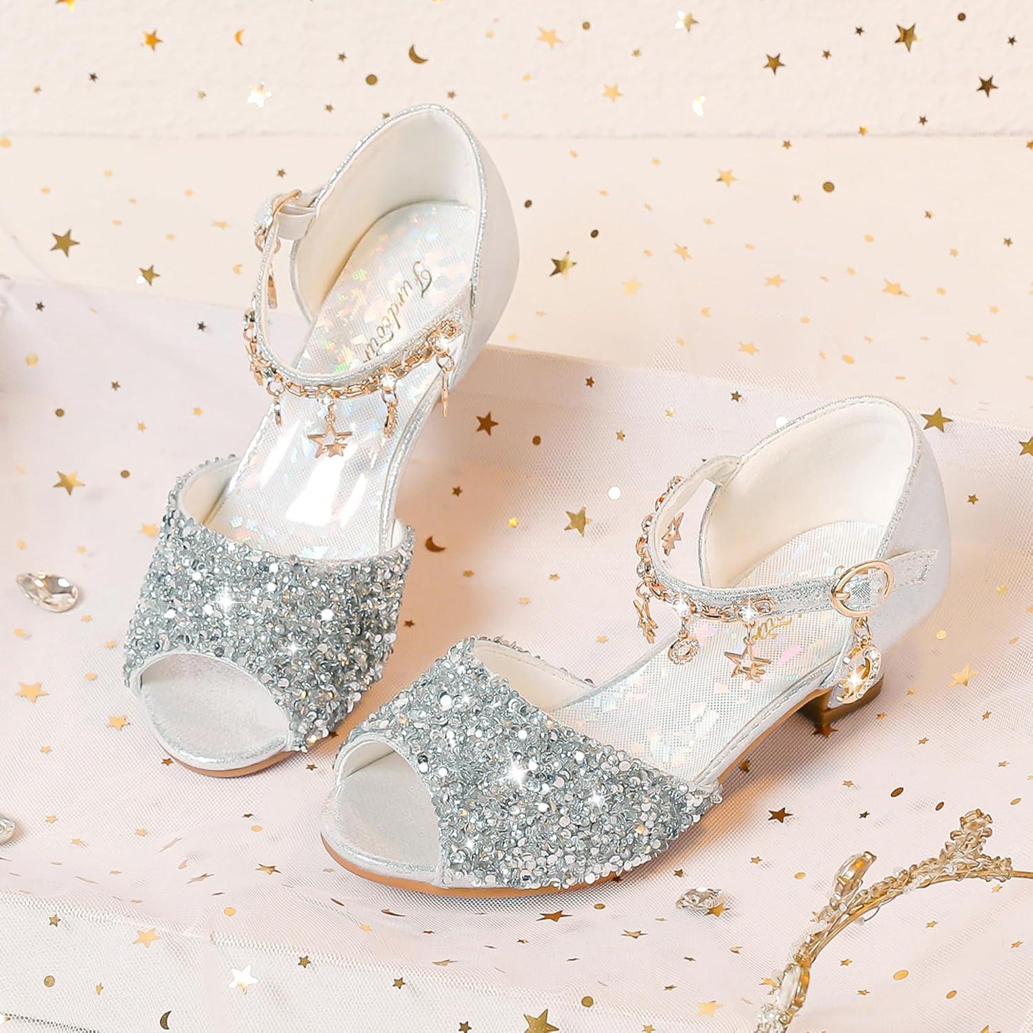 imageFurdeour Sparkly Girls Dress Shoes Princess Shoes High Heels Peep Toe Low Heel Glitter Toddler Big Kid Wedding PartySilversequins