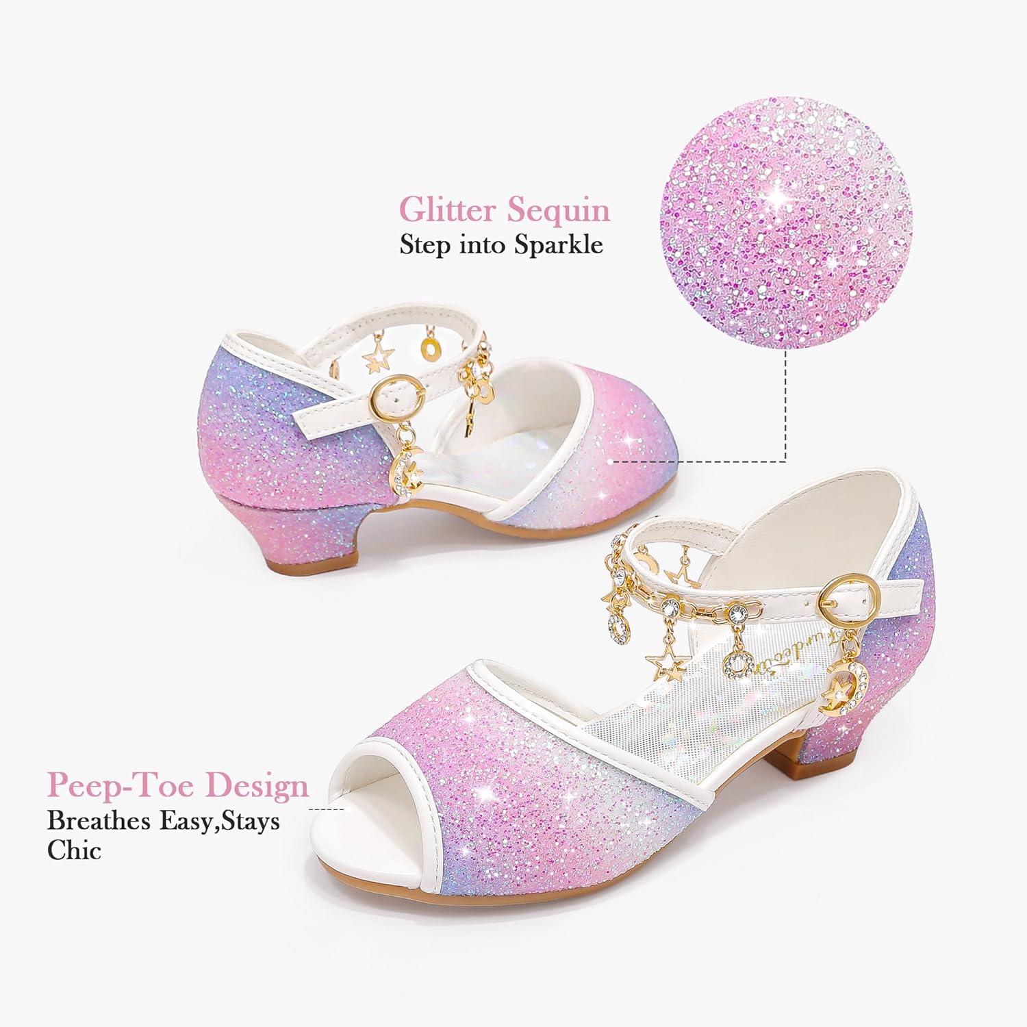 imageFurdeour Sparkly Girls Dress Shoes Princess Shoes High Heels Peep Toe Low Heel Glitter Toddler Big Kid Wedding PartyStarry Purple