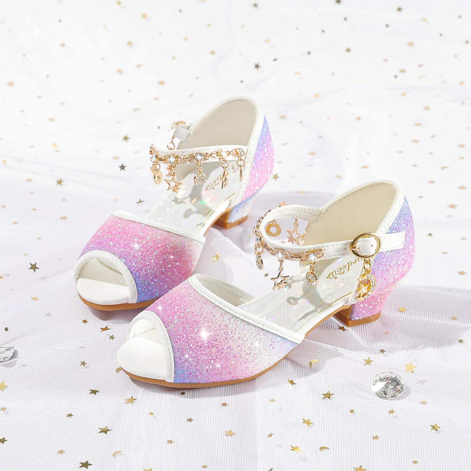 imageFurdeour Sparkly Girls Dress Shoes Princess Shoes High Heels Peep Toe Low Heel Glitter Toddler Big Kid Wedding PartyStarry Purple