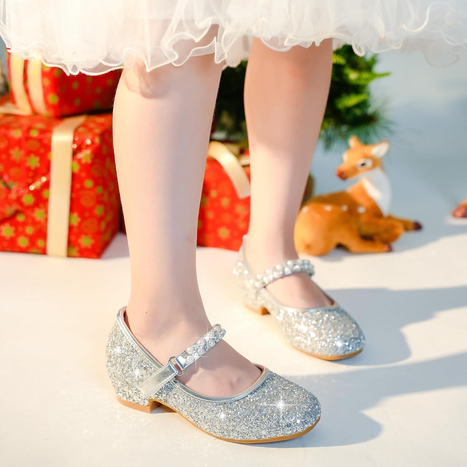 imageFurdeour Toddler Girls Mary Janes Shoes Low Heel Ballet Flats Wedding Party Dress Shoes for KidsSequins Silver