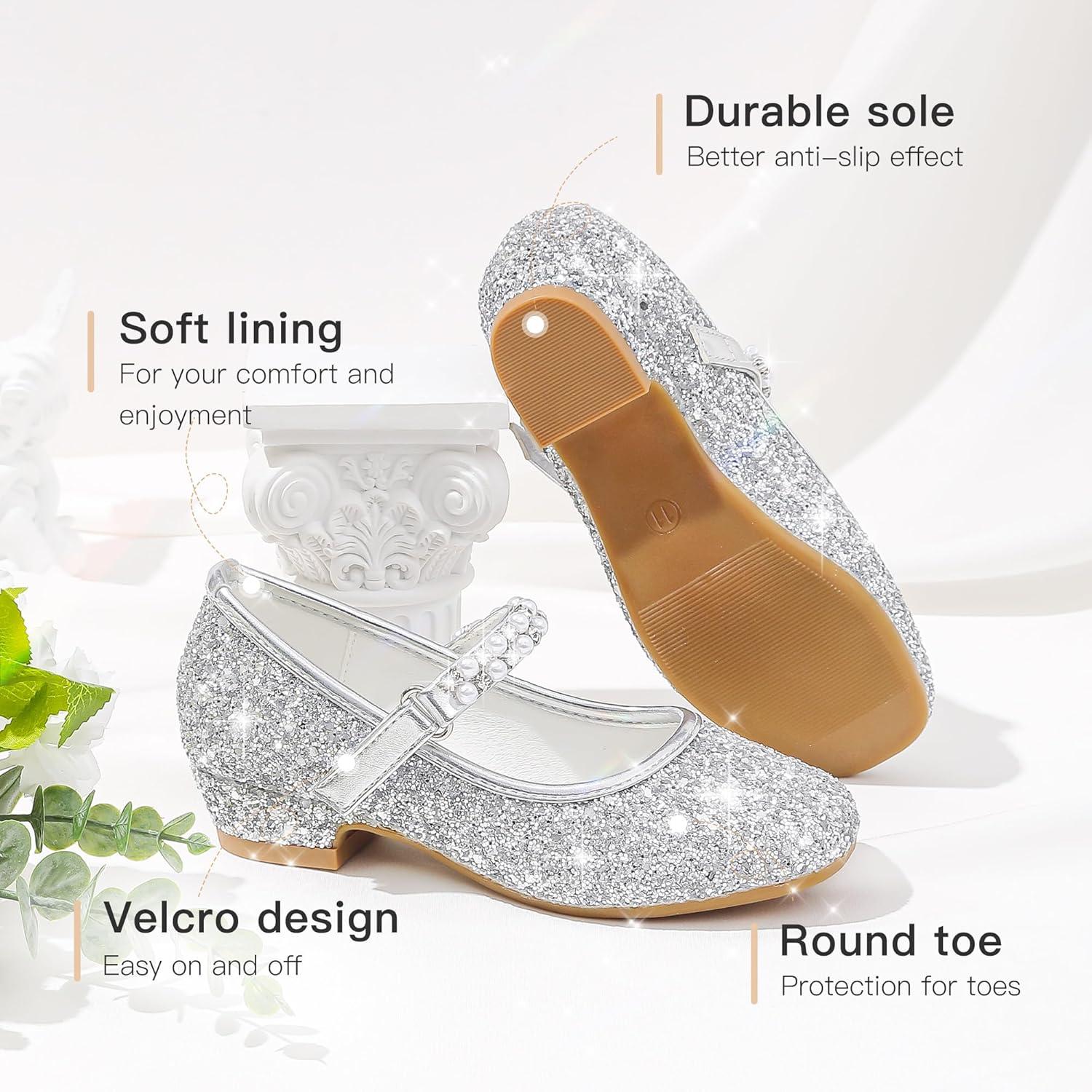 imageFurdeour Toddler Girls Mary Janes Shoes Low Heel Ballet Flats Wedding Party Dress Shoes for KidsSequins Silver