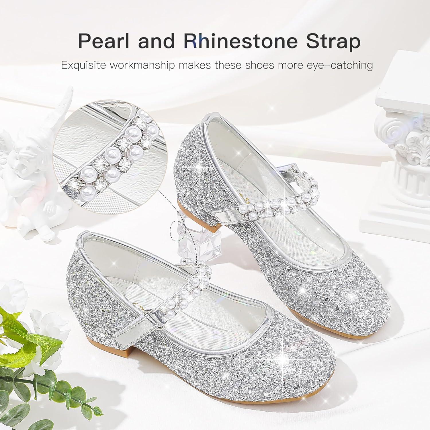 imageFurdeour Toddler Girls Mary Janes Shoes Low Heel Ballet Flats Wedding Party Dress Shoes for KidsSequins Silver