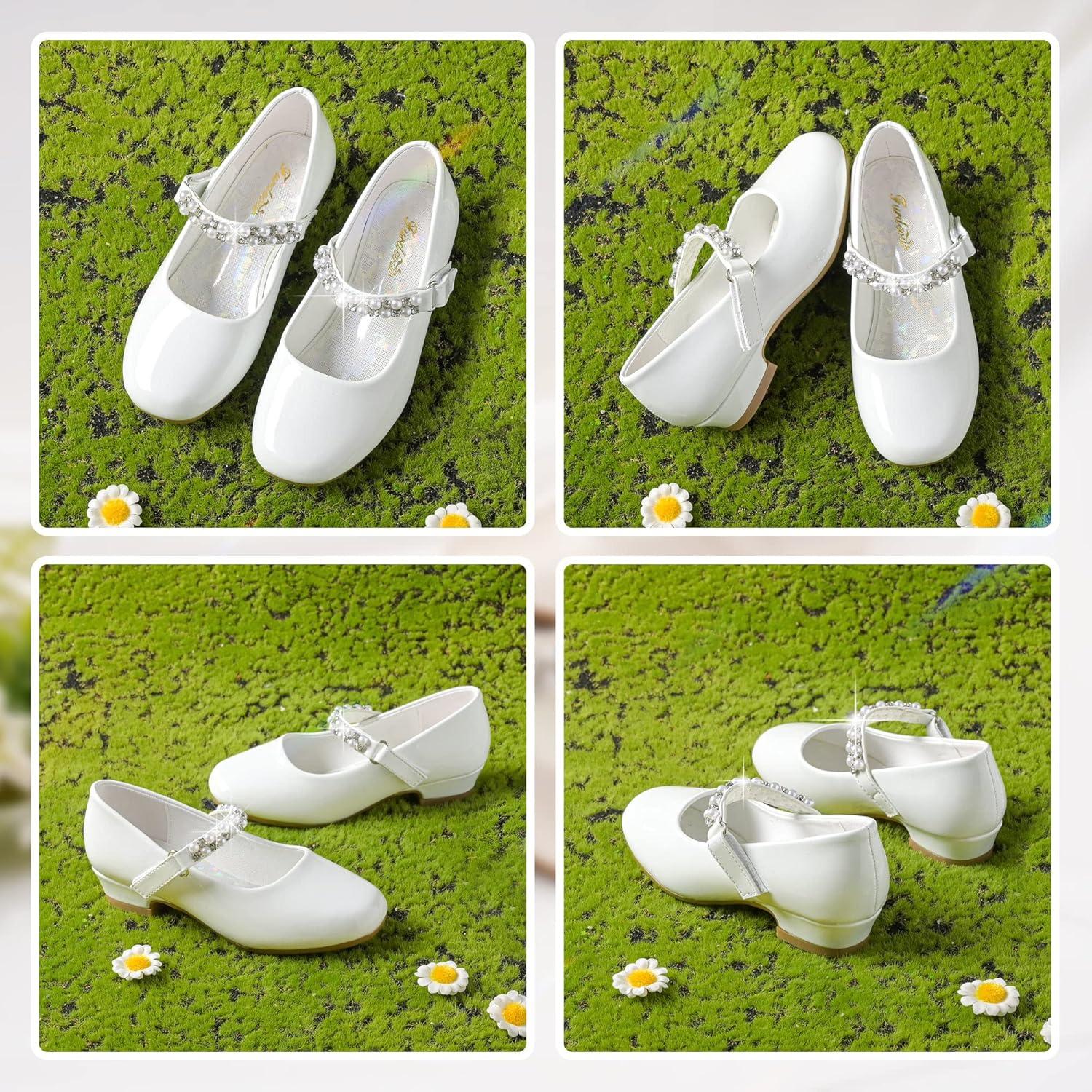 imageFurdeour Toddler Girls Mary Janes Shoes Low Heel Ballet Flats Wedding Party Dress Shoes for KidsWhite