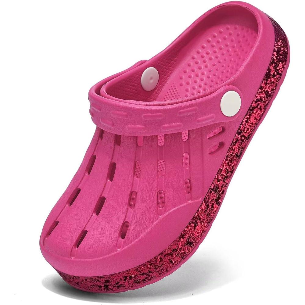 imageCubufly Kids Garden Shoes Boys Girls Glitter Stripe Band Clogs Toddler Slip On Water Sandals Children Beach Pool SlipperHot Pink