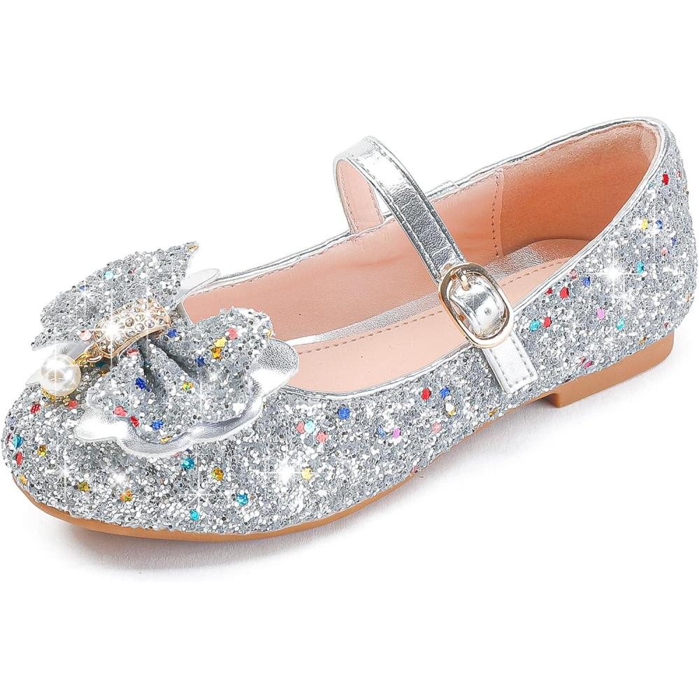 imageFurdeour Girls Dress Shoes Mary Jane Flower Wedding Party Bridesmaids Shoes Glitter Princess Ballet Flats for Kid ToddlerSequin Silver