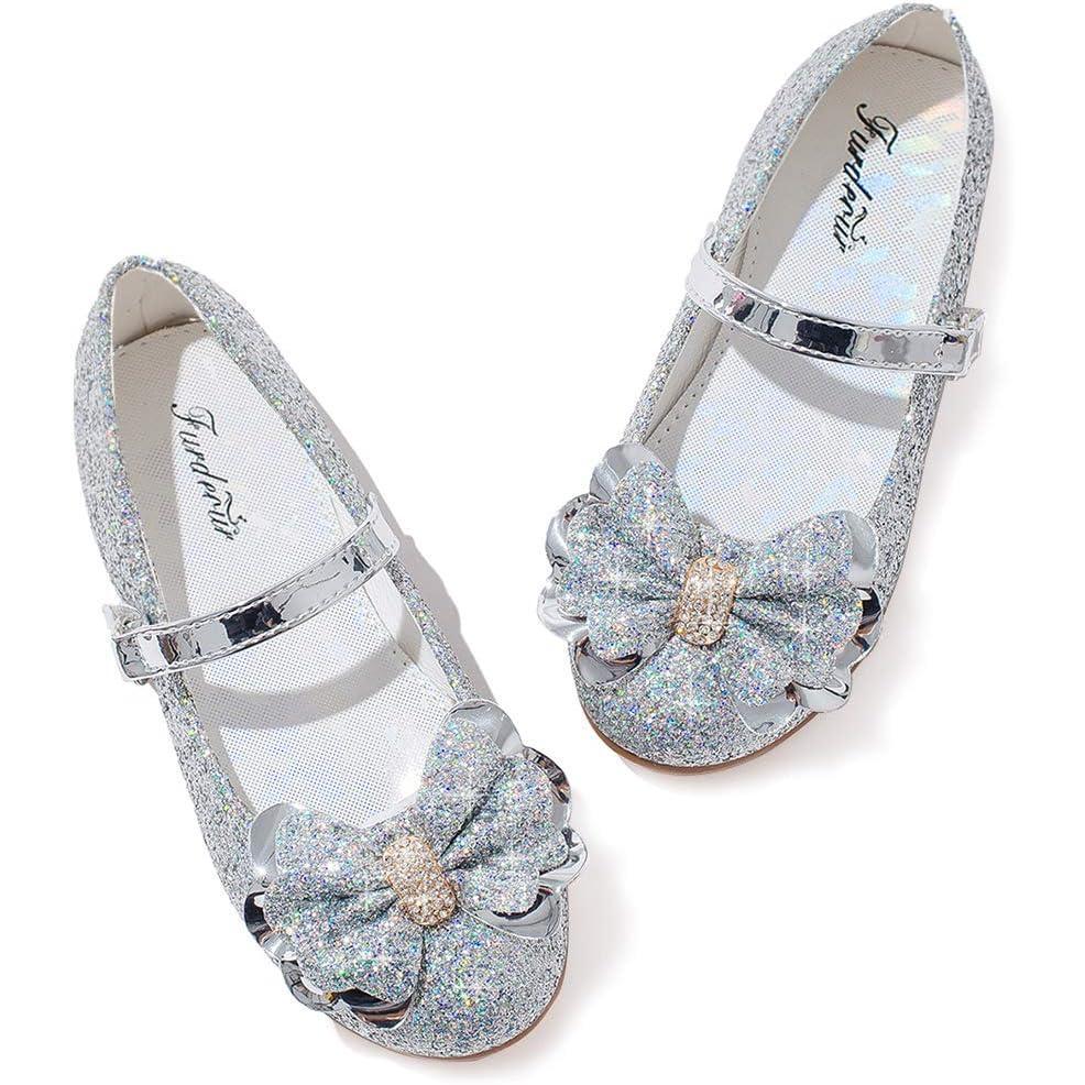imageFurdeour Girls Dress Shoes Mary Jane Flower Wedding Party Bridesmaids Shoes Glitter Princess Ballet Flats for Kid ToddlerSilver